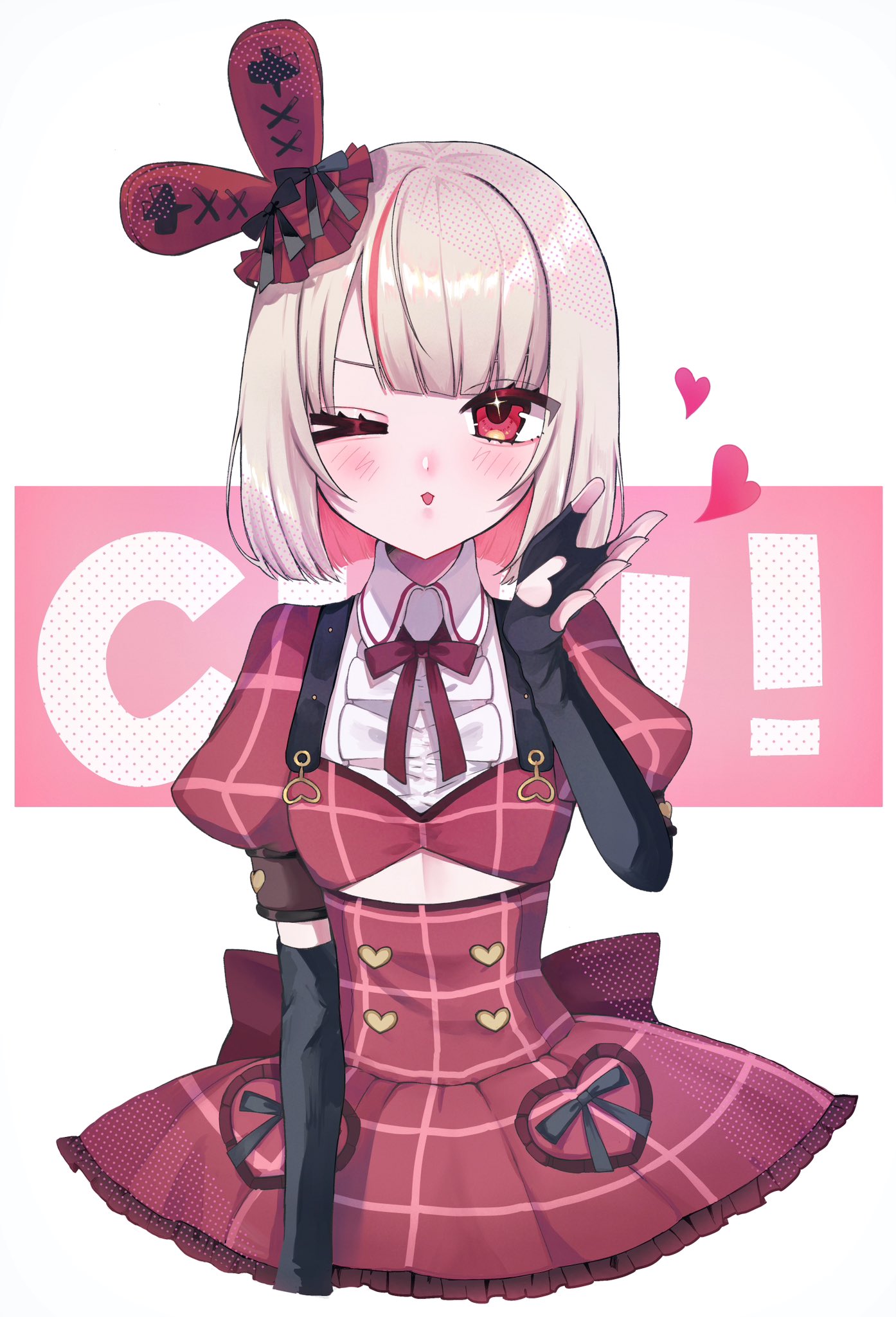 makaino ririmu, nijisanji, highres, 1girl, 25cpnk, back bow, ben-day dots, black bow, black gloves, black sleeve cuffs, blowing kiss, blunt bangs, blush, bob cut, bow, bowtie, buttons, center frills, clothing cutout, collar, colored inner hair, cropped torso, dress, elbow gloves, fingerless gloves, frilled dress, frills, glove cutout, gloves, grey hair, hand up, hat, hat bow, heart, heart button, heart cutout, heart o-ring, idol clothes, layered dress, looking at viewer, medium hair, mini hat, multicolored hair, o-ring, official alternate costume, official alternate hairstyle, one eye closed, parted lips, pink hair, plaid clothes, plaid dress, plaid sleeves, puffy short sleeves, puffy sleeves, rabbit ear headwear, red bow, red bowtie, red dress, red eyes, red sleeves, screentones, short dress, short sleeves, shoulder strap, simple background, solo, streaked hair, underboob cutout, virtual youtuber, white background, white collar