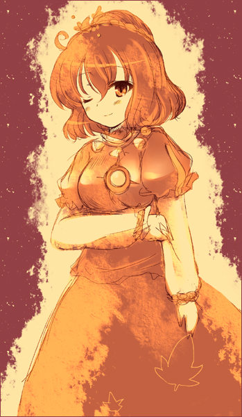 23, 23 (candy chapus), yasaka kanako, touhou, 1girl, female focus, monochrome, orange theme, solo