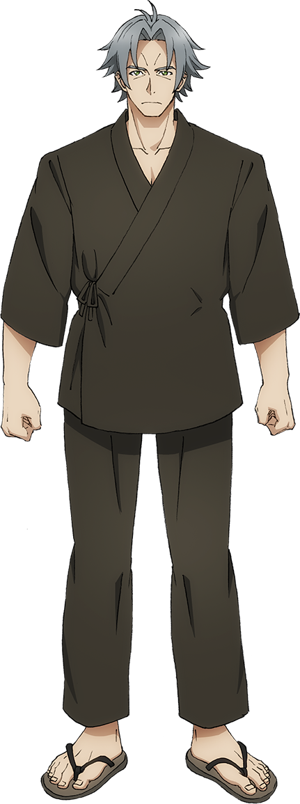 takemoto tatsuki, the new gate, official art, 1boy, ahoge, anime coloring, brown kimono, brown pants, clenched hands, closed mouth, collarbone, curtained hair, flipped hair, full body, green eyes, grey hair, japanese clothes, kimono, looking at viewer, pants, parted bangs, sandals, short hair, simple background, solo, standing, tachi-e, three-quarter sleeves, transparent background, v-shaped eyebrows, wolfgang estrella, zouri