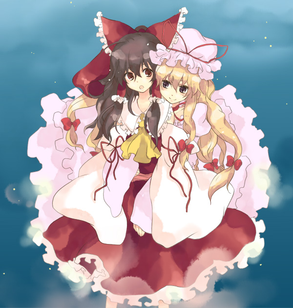 akarino, akarino (yucco), hakurei reimu, yakumo yukari, touhou, 2girls, black hair, blonde hair, female focus, hat, multiple girls, ribbon
