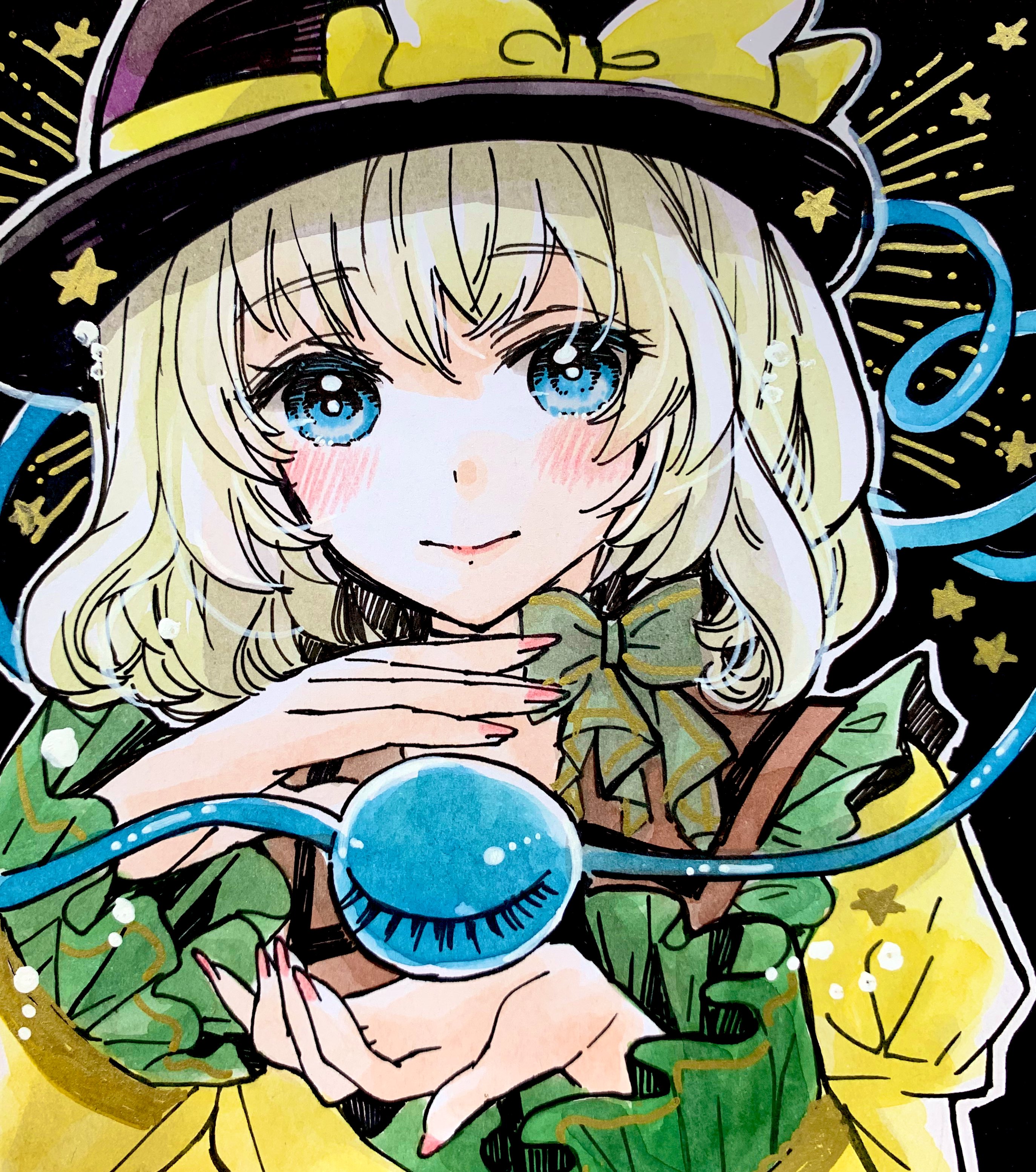 akaioringo2023, komeiji koishi, touhou, absurdres, highres, 1girl, black background, blue eyes, green hair, koishi day, long hair, looking at viewer, medium hair, portrait, solo, star (symbol), white hair