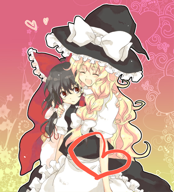 akarino, akarino (yucco), hakurei reimu, kirisame marisa, touhou, 2girls, black hair, blonde hair, braid, closed eyes, female focus, gradient background, hat, multiple girls, ribbon, side braid, skirt, smile, witch, witch hat