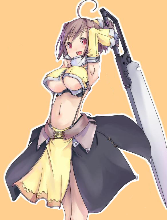 non-web source, 1girl, ahoge, breasts, brown hair, detached sleeves, female focus, large breasts, midriff, no bra, red eyes, short hair, solo, sword, underboob, weapon