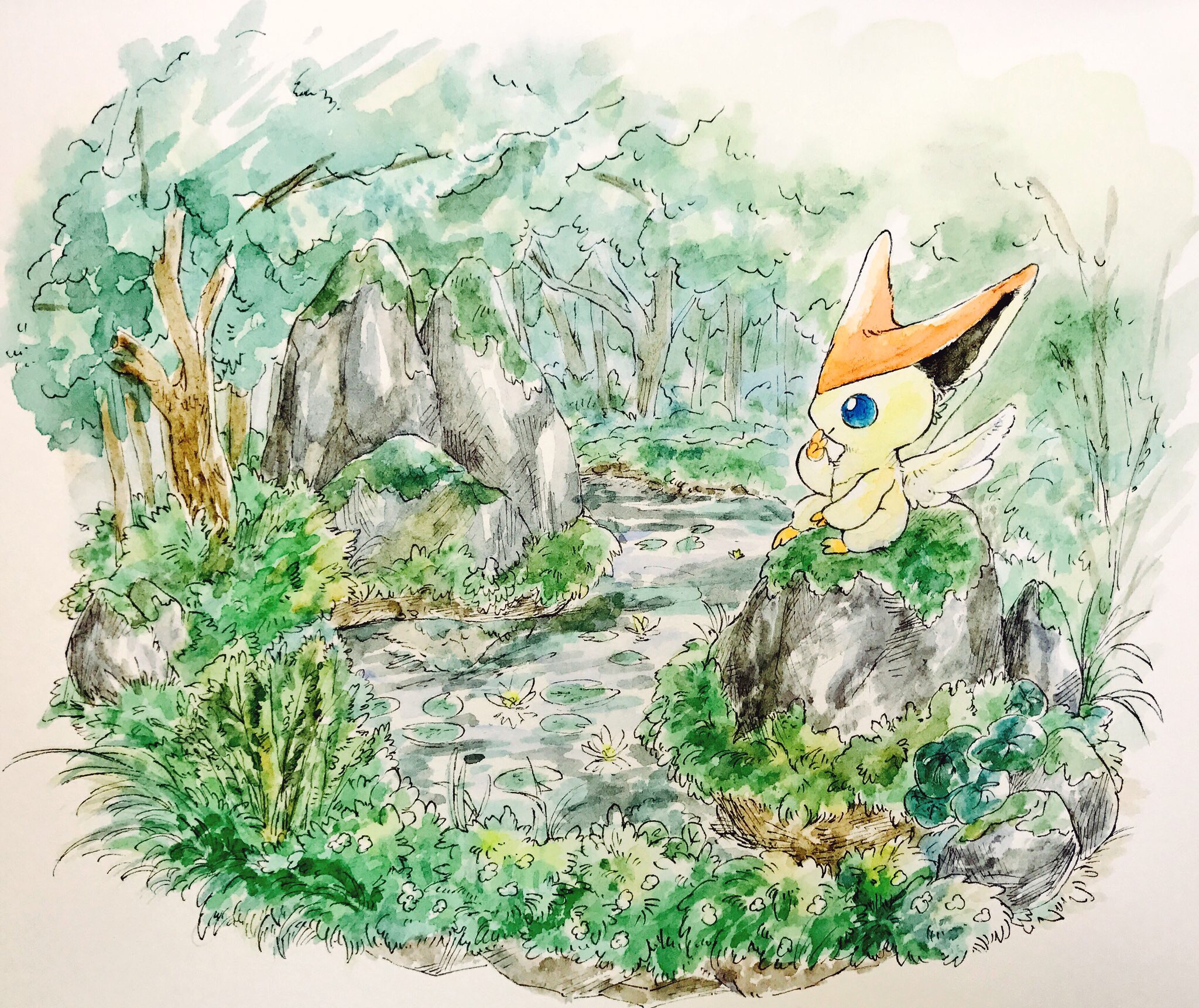 mint nappa, victini, nintendo, pokemon, highres, blue eyes, border, full body, gen 5 pokemon, grass, lake, legendary pokemon, moss, mythical pokemon, no humans, outdoors, pokemon (creature), rock, sitting, smile, solo, tree, white border