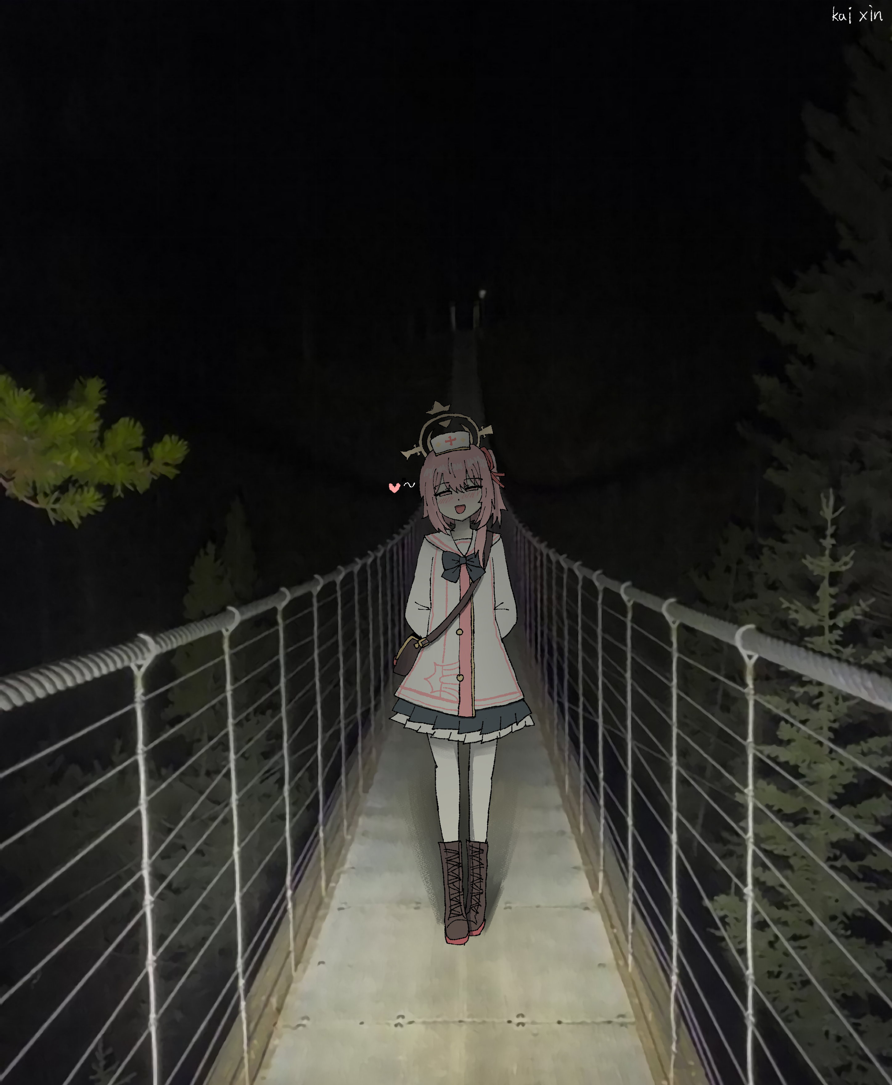 kai xin, serina (blue archive), blue archive, absurdres, commentary, highres, symbol-only commentary, 1girl, :d, arms behind back, artist name, bag, black bow, black bowtie, black skirt, blush, boots, bow, bowtie, bridge, brown bag, brown boots, cardigan, dark, full body, half-closed eyes, halo, heart, medium hair, miniskirt, night, open mouth, pantyhose, pink hair, pleated skirt, sailor collar, shoulder bag, skirt, smile, solo, standing, tree, white cardigan, white pantyhose, white sailor collar, yellow halo