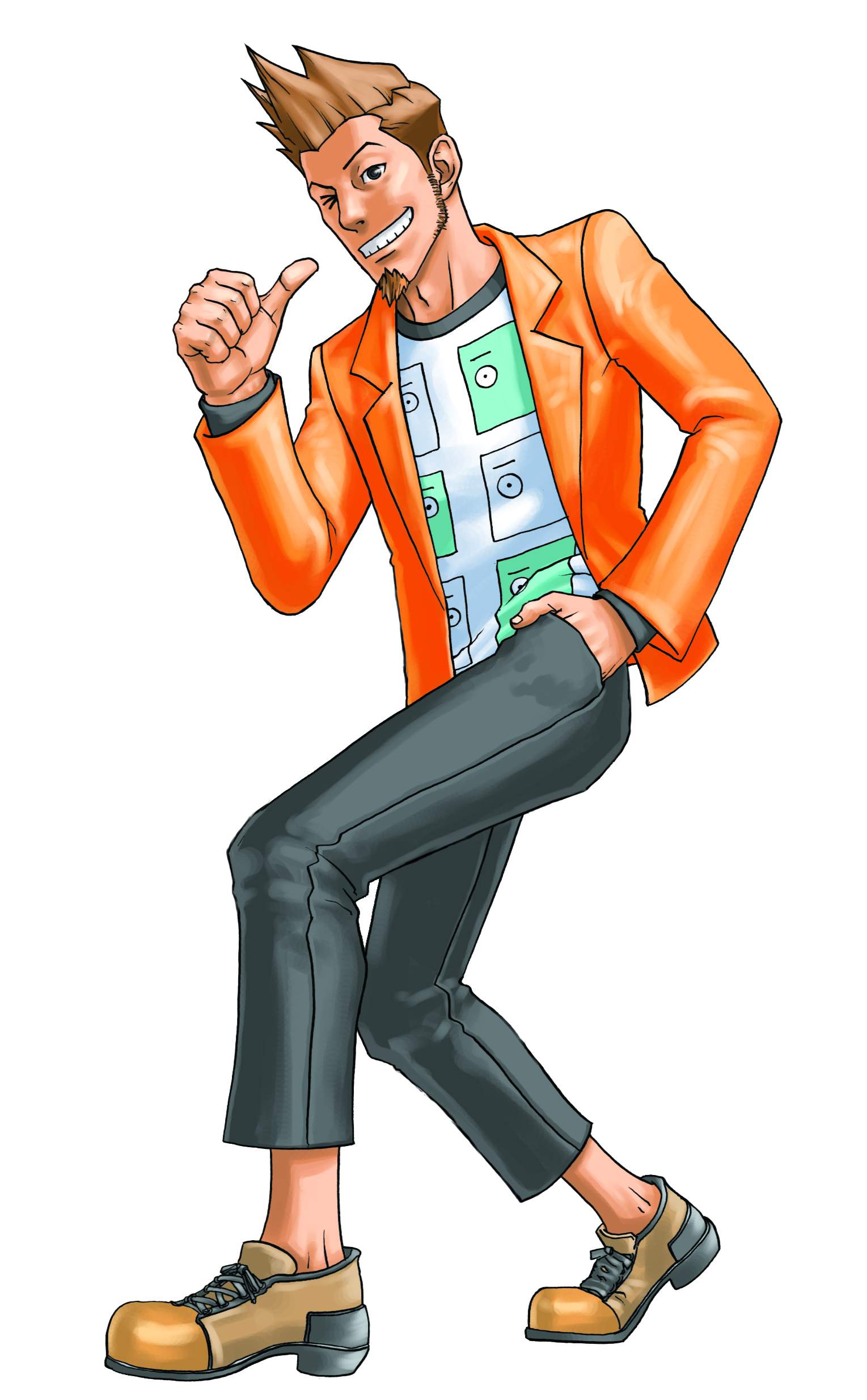 edaki shin'ya, larry butz, ace attorney, capcom, absurdres, highres, non-web source, official art, 1boy, beard, brown hair, facial hair, male focus, one eye closed, smile, solo, wink