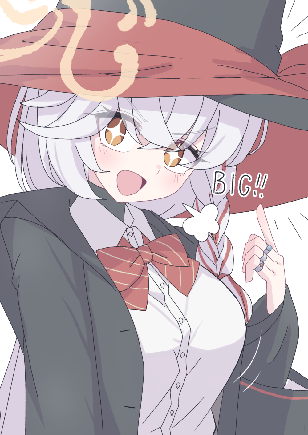 eri (blue archive), blue archive, :d, bow, bowtie, braid, halo, hat, head tilt, jacket, jewelry, long coat, long hair, open mouth, orange eyes, ring, shirt, smile, sparkling eyes, sweater, upper body, white hair, witch hat