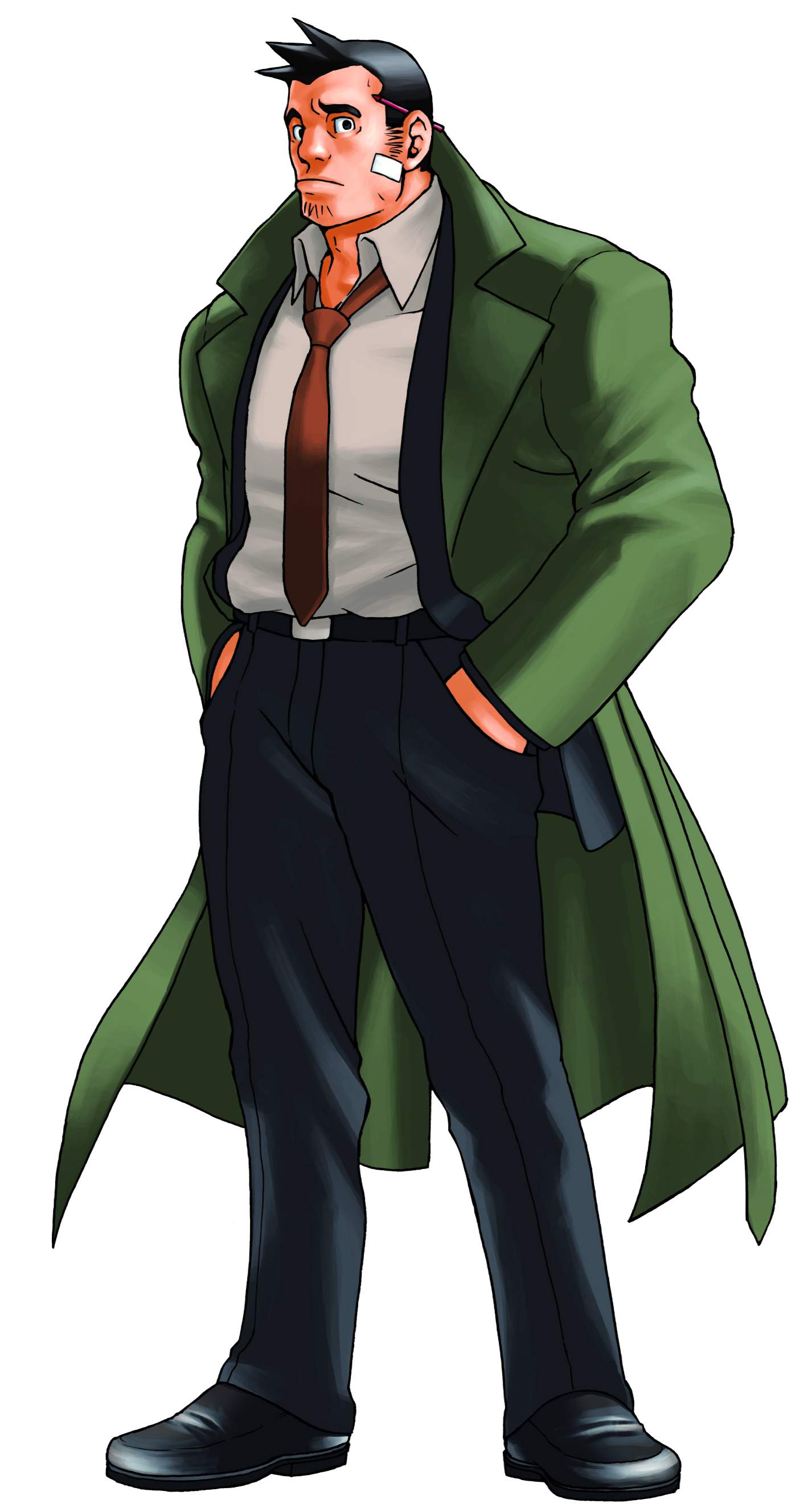 edaki shin'ya, dick gumshoe, ace attorney, capcom, absurdres, highres, non-web source, official art, 1boy, bandages, belt, black eyes, black hair, long coat, male focus, necktie, object behind ear, solo