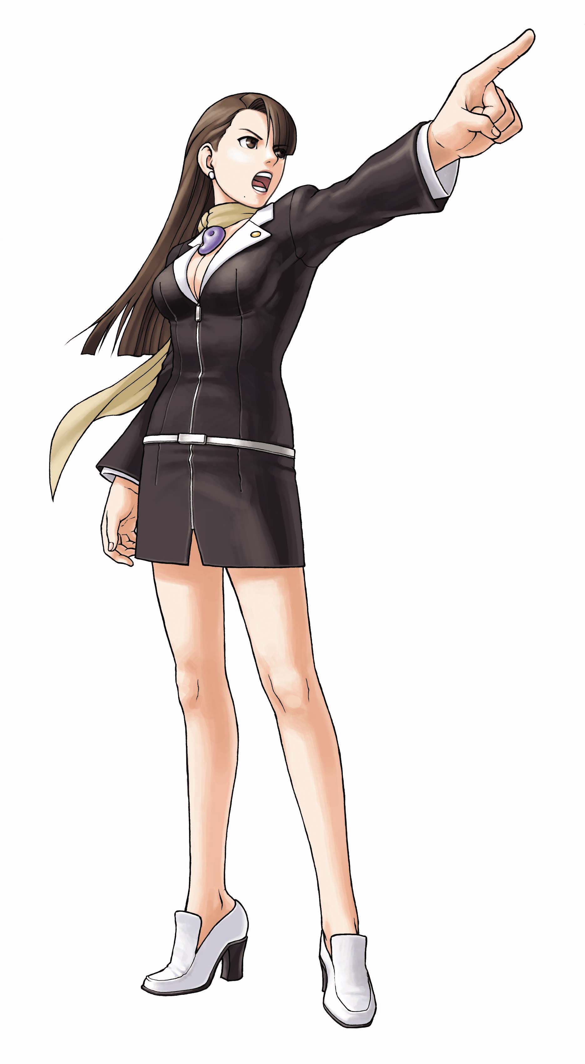 edaki shin'ya, mia fey, ace attorney, capcom, absurdres, highres, official art, >:o, 1girl, :o, angry, bare legs, belt, belt skirt, black dress, blazer, blunt bangs, breasts, brown eyes, brown hair, buttons, cleavage, dress, earrings, female focus, full body, high heels, jacket, jewelry, legs, long hair, long sleeves, looking to the side, magatama, medium breasts, mole, mole under mouth, no socks, objection, open mouth, outstretched arm, pointing, scarf, shoes, short dress, shouting, simple background, skirt, solo, standing, v-shaped eyebrows, white background, zipper