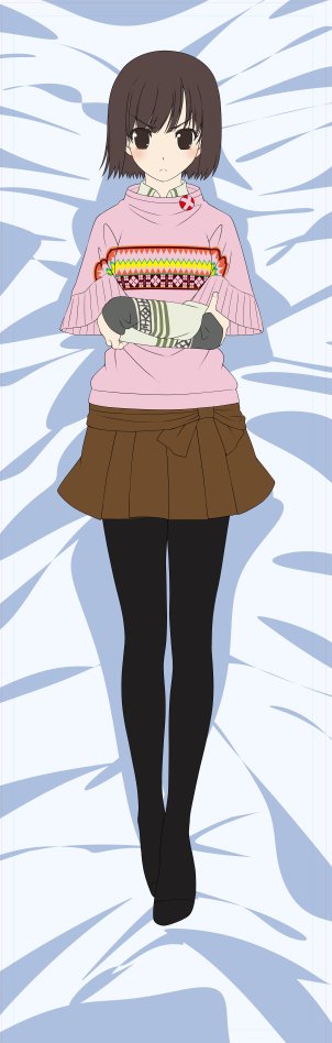 eibon, tachibana yui, chaos;child, science adventure, 1girl, annoyed, bed sheet, blush, brown eyes, brown hair, dakimakura (medium), from above, frown, full body, long sleeves, looking at viewer, lying, narrowed eyes, no shoes, on back, pantyhose, short hair, solo