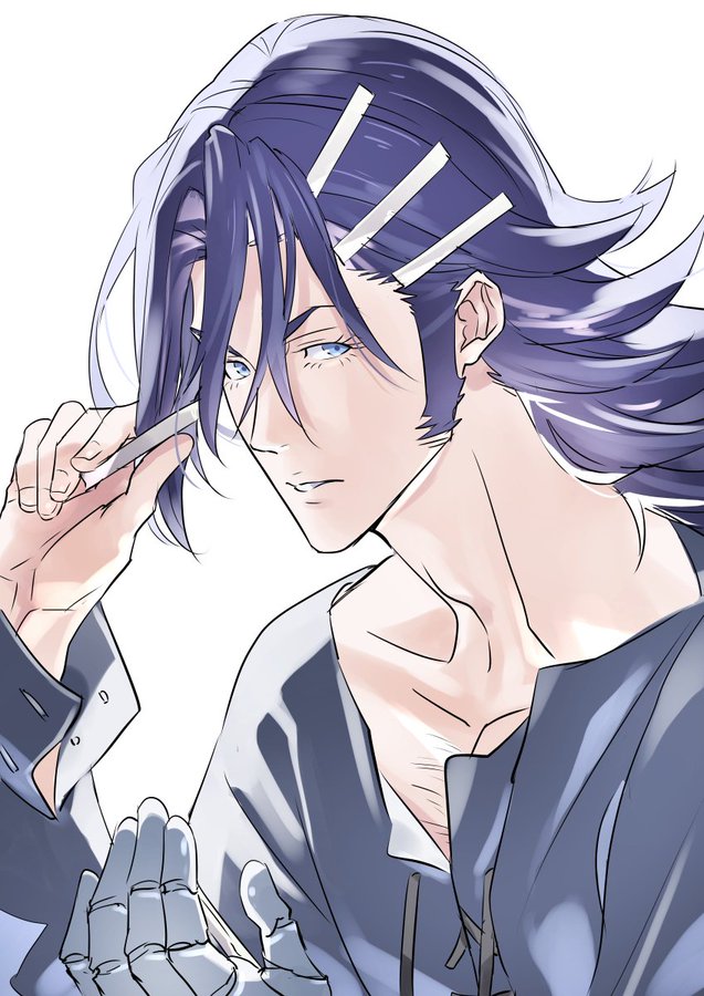 dasshu (dashi now), kaisar lidfald, shingeki no bahamut: genesis, 1boy, black hair, blue eyes, chalk, chest hair, eyelashes, gauntlets, holding, holding chalk, looking at viewer, male focus, parted lips, sideburns, single gauntlet, solo, white background