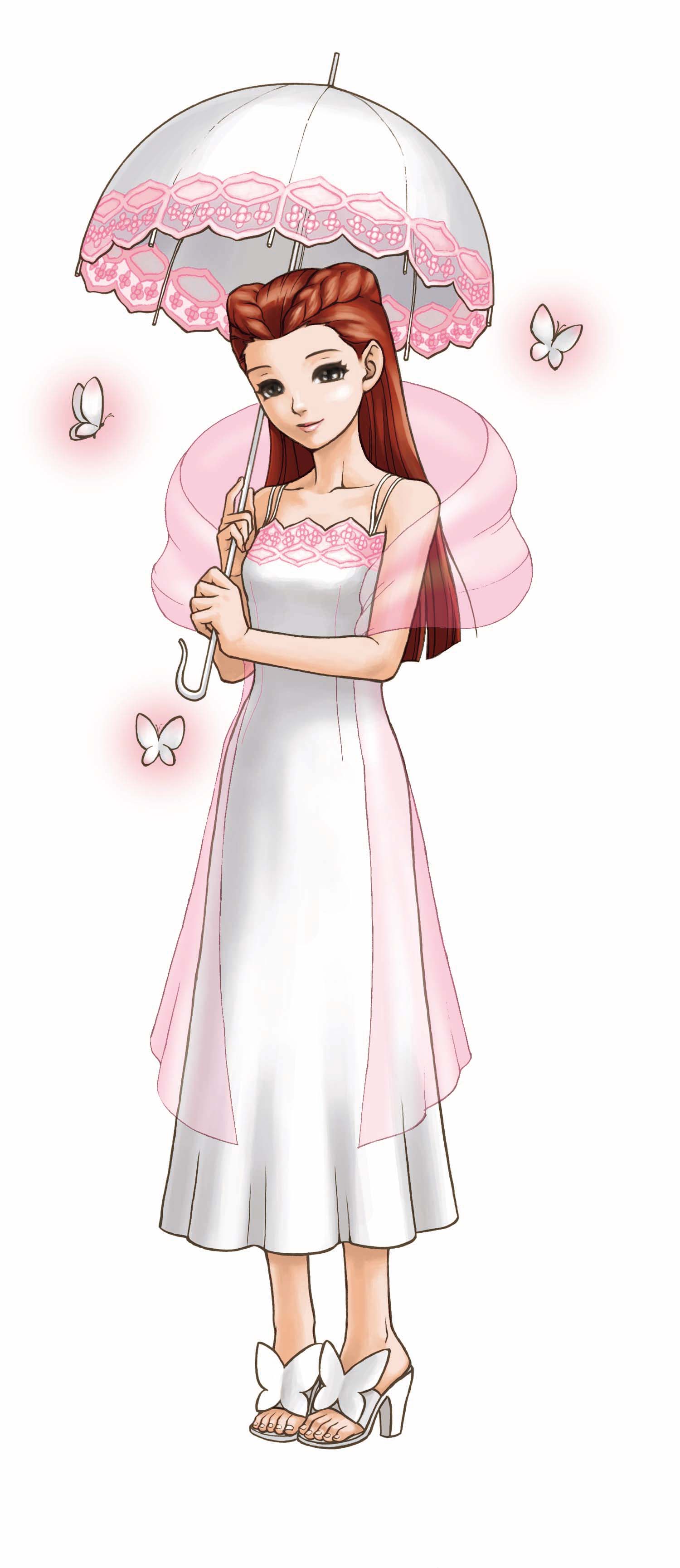 edaki shin'ya, dahlia hawthorne, ace attorney, capcom, phoenix wright: ace attorney – trials and tribulations, french braid, white footwear, absurdres, highres, jpeg artifacts, non-web source, official art, 1girl, braid, brown hair, bug, butterfly, collarbone, dress, female focus, full body, high heel sandals, high heels, insect, long hair, parasol, sandals, sash, see-through clothes, shoes, solo, standing, umbrella, white background, white dress