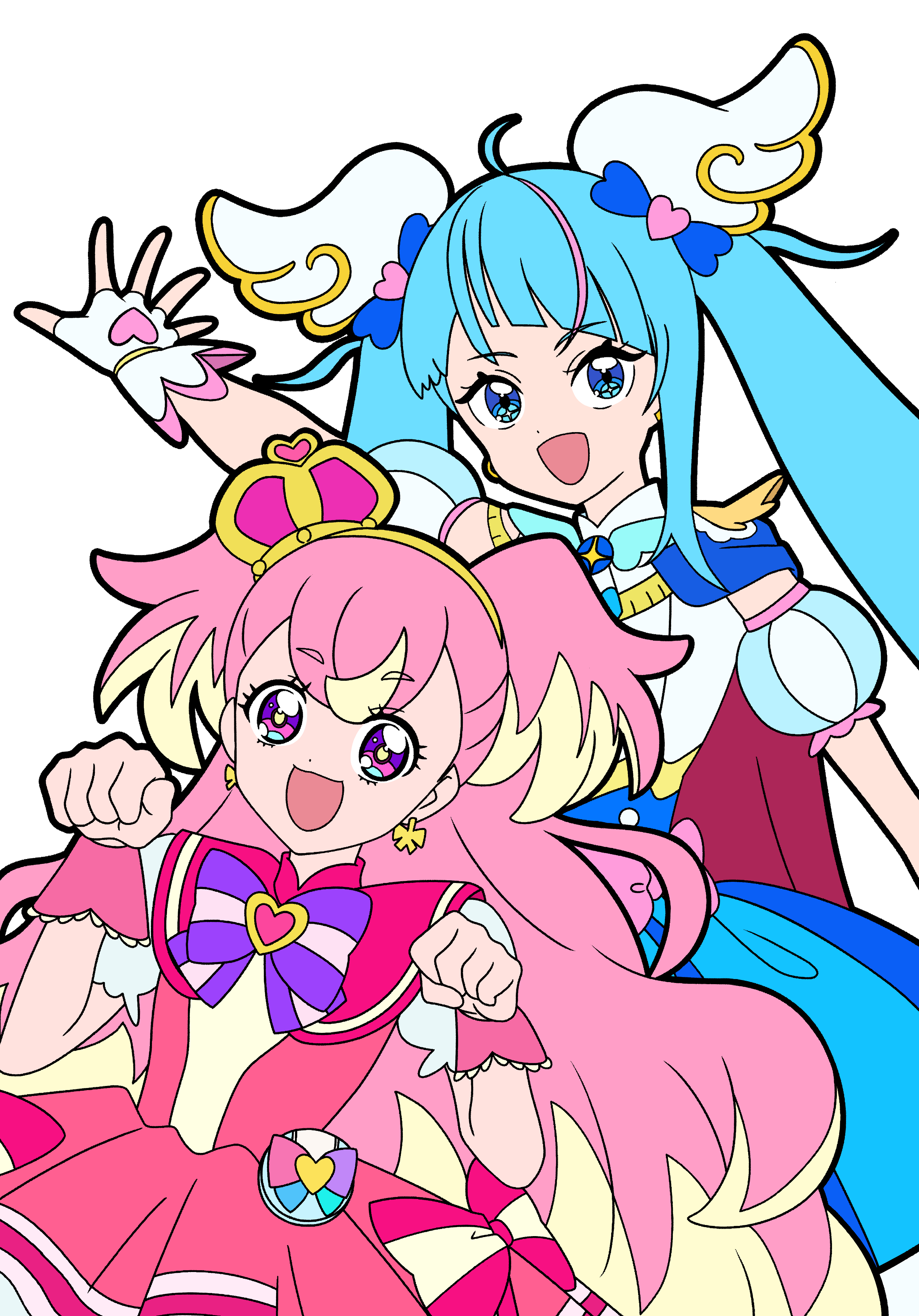 masami 01st, cure sky, cure wonderful, inukai komugi, sora harewataru, hirogaru sky! precure, precure, wonderful precure!, absurdres, commentary, highres, 2girls, :d, ahoge, arched crown, arm up, asymmetrical bangs, blonde hair, blonde streaks, blue cape, blue dress, blue eyes, blue hair, bow, bow earrings, brooch, cape, capelet, clenched hands, crown, cut bangs, detached sleeves, dot nose, dress, dress bow, earclip, earrings, fingerless gloves, frilled wrist cuffs, frills, gloves, gold hairband, hair ornament, hairband, hands up, heart, heart brooch, in-franchise crossover, jewelry, long hair, looking at viewer, magical girl, medium dress, multicolored dress, multicolored hair, multiple girls, open mouth, pact holder, paw pose, pink bow, pink capelet, pink crown, pink dress, pink hair, pink wrist cuffs, pouch, puffy detached sleeves, puffy short sleeves, puffy sleeves, purple bow, purple eyes, red cape, short sleeves, simple background, single earring, single hair streak, single sidelock, smile, sphere earrings, spread fingers, streaked hair, striped bow, tilted headwear, twintails, two-sided cape, two-sided fabric, two-tone dress, two-tone hair, two side up, upper body, very long hair, white background, white dress, white gloves, wing brooch, wing hair ornament, wonderful pact, wrist cuffs, yellow pupils
