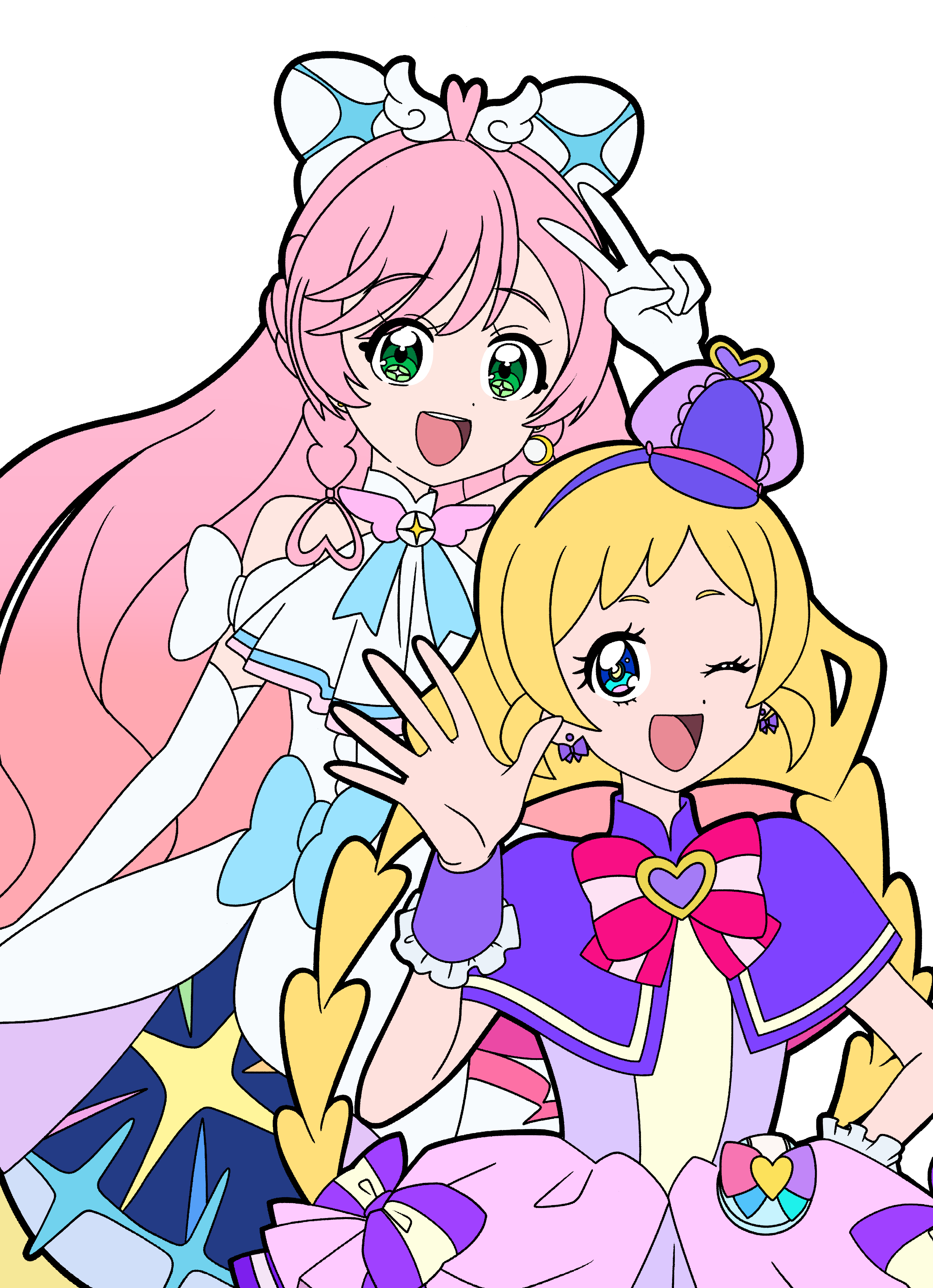 masami 01st, cure friendy, cure prism, inukai iroha, nijigaoka mashiro, hirogaru sky! precure, precure, wonderful precure!, absurdres, commentary, highres, 2girls, :d, ;d, ahoge, arm bow, arm up, ascot, bare shoulders, blonde hair, blue bow, blue eyes, bow, bow earrings, braid, bright pupils, brooch, capelet, chest bow, deerstalker, dress, dress bow, earrings, elbow gloves, frilled wrist cuffs, frills, gloves, green eyes, hair bow, hair ornament, hairband, half up braid, halter dress, halterneck, hand on own hip, hand up, hat, hat ornament, heart, heart ahoge, heart brooch, heart hat ornament, in-franchise crossover, jewelry, long hair, looking at viewer, low-tied long hair, low twin braids, magical girl, medium dress, multiple girls, one eye closed, open hand, open mouth, pact holder, pink bow, pink hair, pouch, purple bow, purple capelet, purple dress, purple hairband, purple hat, purple wrist cuffs, side braids, simple background, single earring, sleeveless, sleeveless dress, smile, sphere earrings, spread fingers, striped bow, swept bangs, teeth, tilted headwear, twin braids, upper body, upper teeth only, v, very long hair, waving, white ascot, white background, white bow, white dress, white gloves, wing brooch, wing hair ornament, wonderful pact, wrist cuffs, yellow pupils
