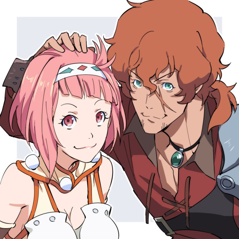 dasshu (dashi now), favaro leone, nina dragnot, shingeki no bahamut: genesis, 1boy, 1girl, breasts, brown hair, cleavage, hairband, hand on another's head, jewelry, looking at viewer, necklace, pink hair, ponytail, red shirt, shirt, short hair, smile, white hairband