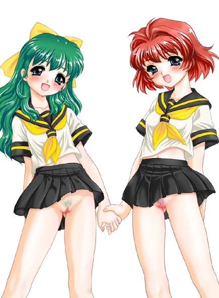 character request, source request, 2girls, blue eyes, blush, green hair, holding hands, loli, multiple girls, no panties, open mouth, pubic hair, pussy, red hair, school uniform, serafuku, skirt, smile, uncensored, white background, wind, wind lift, yuri