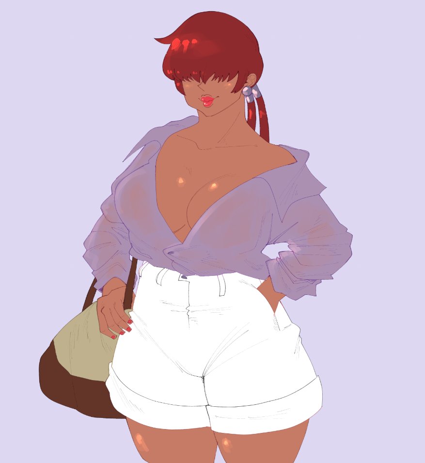 1shermieaday, shermie (kof), the king of fighters, 1girl, bag, breasts, curvy, dark-skinned female, dark skin, earrings, female focus, hand on own hip, huge breasts, jewelry, large breasts, long hair, long sleeves, marellartt, no bra, pants, ponytail, red hair, see-through clothes, shorts, smile, smiley face, standing, tan, thick lips, thick thighs, thighs, twintails, wide hips
