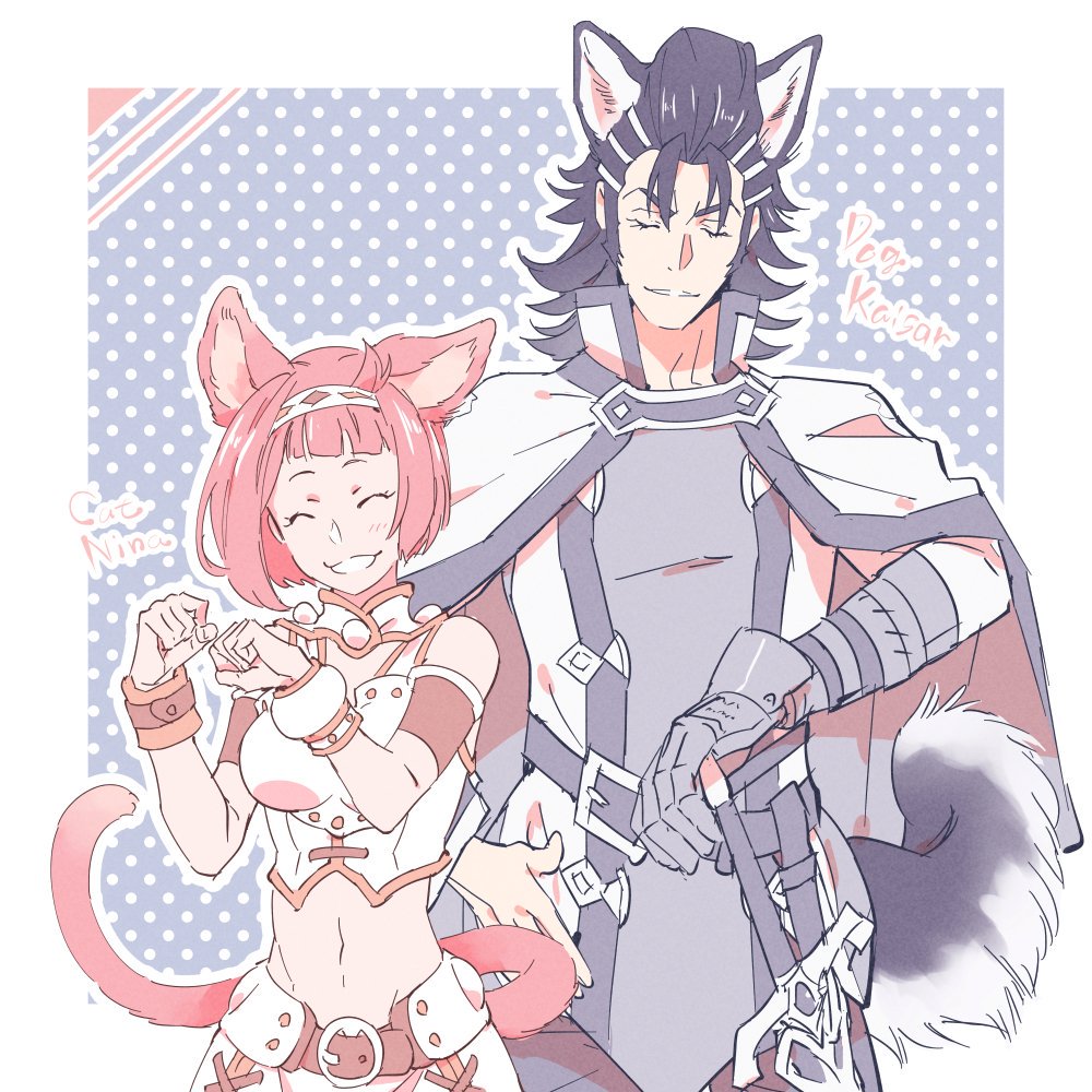 dasshu (dashi now), kaisar lidfald, nina dragnot, shingeki no bahamut: genesis, 1boy, 1girl, animal ears, black hair, border, cape, cat ears, cat tail, dog ears, dog tail, eyelashes, grin, hairband, midriff, navel, paw pose, pompadour, short hair, smile, sword, tail, weapon, white border
