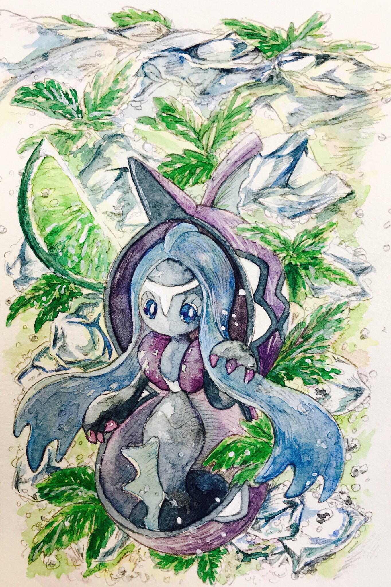 mint nappa, tapu fini, nintendo, pokemon, commentary request, highres, painting (medium), traditional media, watercolor (medium), blue eyes, claws, food, fruit, gen 7 pokemon, leaf, legendary pokemon, lime (fruit), lime slice, long hair, no humans, pokemon (creature), solo, water drop, white background