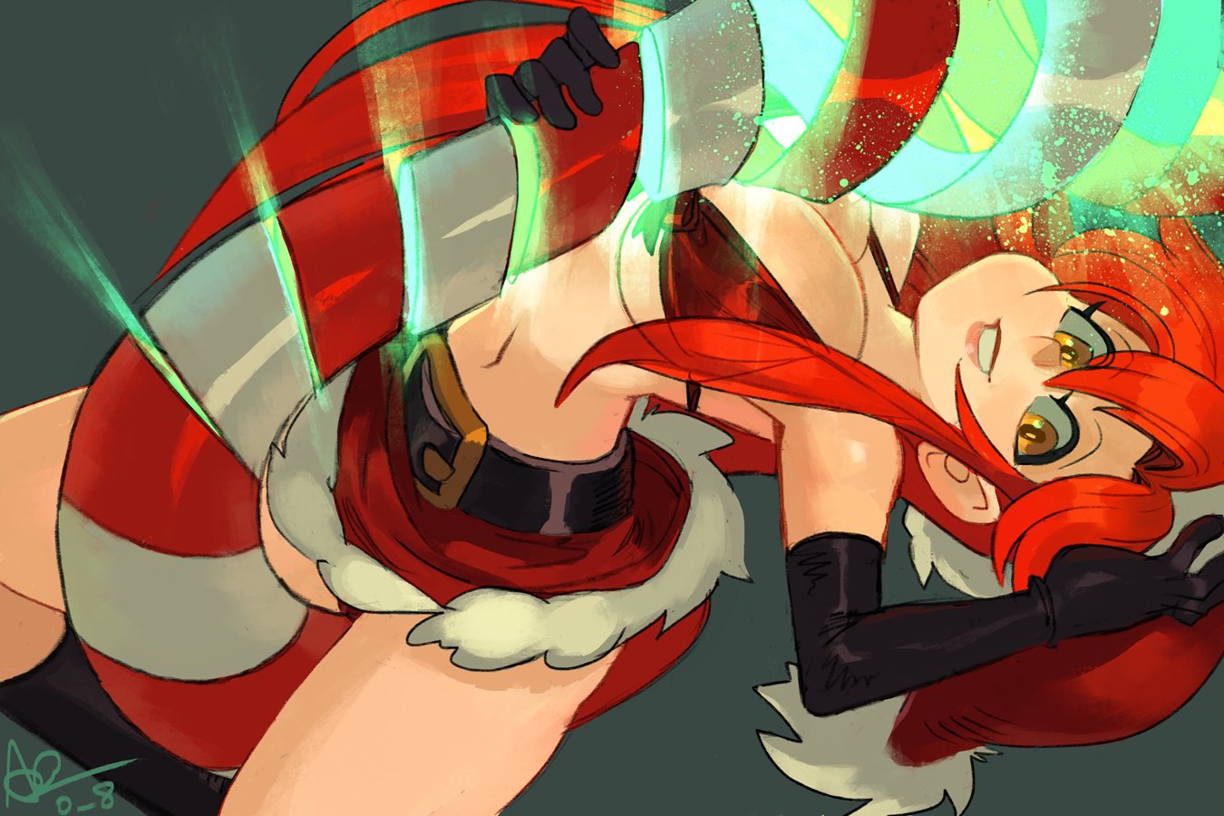 alex ahad, yoko littner, tengen toppa gurren lagann, belt, belt buckle, bikini, black gloves, breasts, buckle, candy, candy cane, cleavage, dress, food, gloves, hat, large breasts, red bikini, red hair, santa costume, santa dress, santa hat, smile, swimsuit, yellow eyes