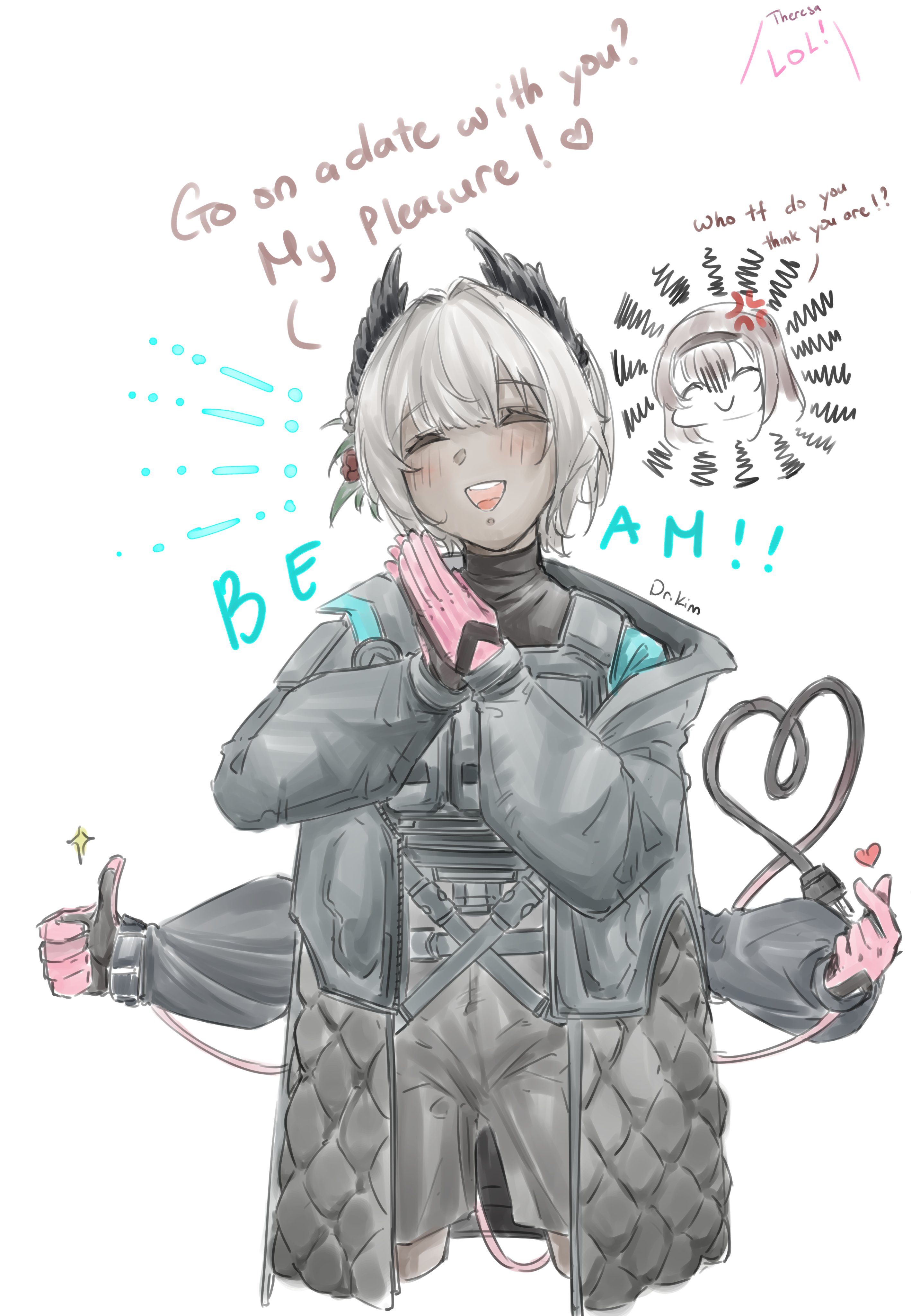 dr.kim, priestess (arknights), raidian (arknights), arknights, absurdres, commentary, highres, 2girls, bird girl, black feathers, black gloves, blush, cable, cable tail, closed eyes, dark-skinned female, dark skin, electric plug, electric plug tail, english text, expressive tail, extra arms, feathers, finger heart, flower, gloves, grey hair, hair flower, hair ornament, head wings, heart, heart hands, heart tail, mechanical tail, multiple girls, pink gloves, short hair, simple background, smile, solo focus, tail, teeth, thumbs up, two-tone gloves, upper teeth only, white background, wings