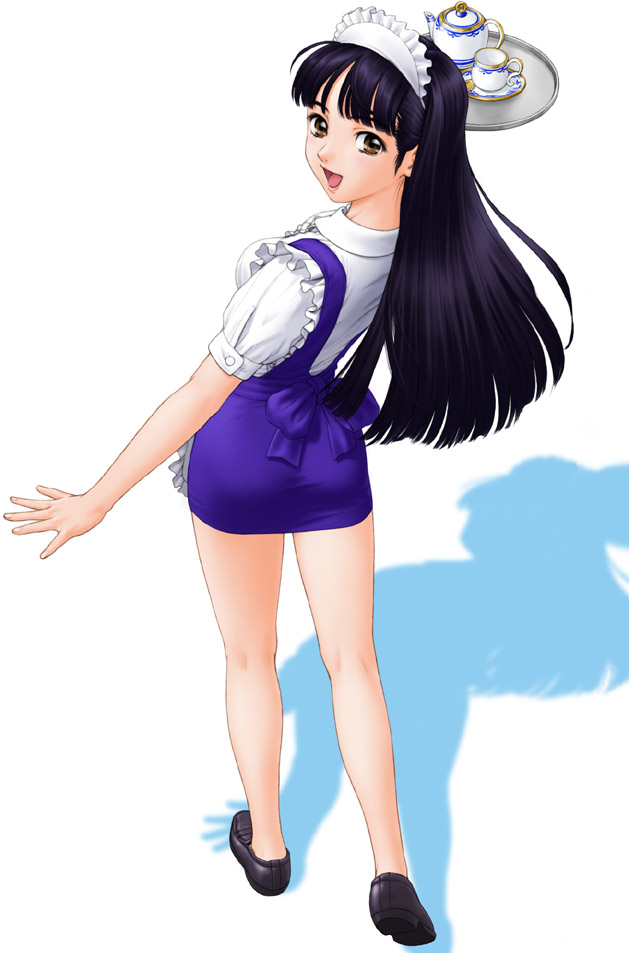 teiku (take), original, archived source, 1girl, apron, bare legs, black hair, brown eyes, collared shirt, cup, frills, from behind, full body, holding, holding tray, loafers, long hair, looking at viewer, looking back, maid headdress, miniskirt, no socks, open mouth, shirt, shoes, short sleeves, skirt, smile, solo, standing, straight hair, tareme, teacup, teapot, tray, waitress, white shirt