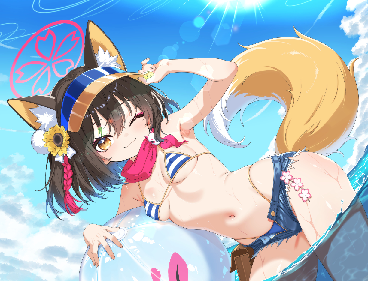 mutsuse, izuna (blue archive), blue archive, commentary request, paid reward available, 1girl, animal ear fluff, animal ears, armpits, ball, beachball, bikini, bikini under shorts, blue sky, breasts, breasts apart, brown hair, choppy bangs, covered erect nipples, day, denim, denim shorts, dutch angle, hair between eyes, halo, hand up, lens flare, long bangs, looking at viewer, medium breasts, medium hair, micro shorts, navel, official alternate costume, one eye closed, open clothes, open fly, open shorts, outdoors, red halo, shorts, sideboob, sky, smile, solo, stomach, string bikini, striped bikini, striped clothes, swimsuit, tail, torn clothes, torn shorts, underboob, visor cap, wading, water