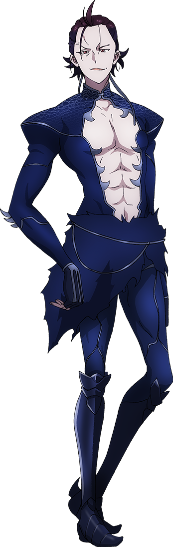 takemoto tatsuki, the new gate, official art, 1boy, abs, anime coloring, arm behind back, armor, blue bodysuit, blue gloves, blue sash, bodysuit, clothing cutout, fingerless gloves, full body, gloves, greaves, hair slicked back, looking at viewer, muscular, muscular male, navel, navel cutout, open mouth, parted lips, pectorals, purple eyes, purple hair, sash, short hair, simple background, solo, standing, tachi-e, transparent background, v-shaped eyebrows, wilhelm avis