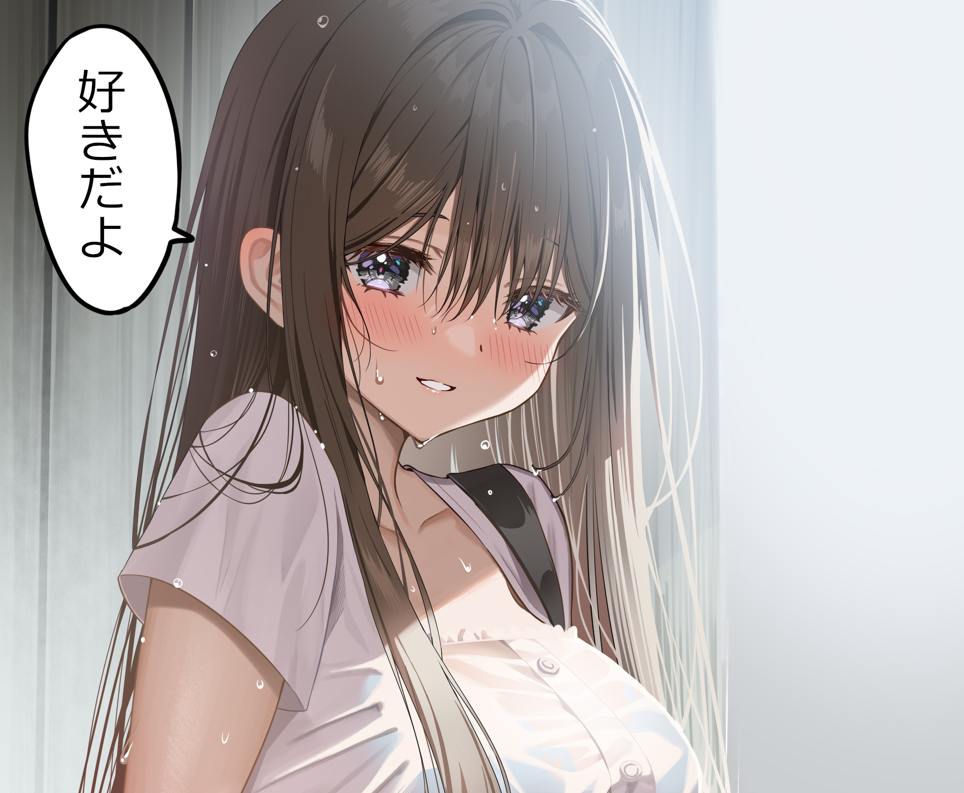 piyopoyo, childhood friend (childhood friend series), hisabisa ni atta osananajimi ga iroiro to seichou shiteirunoni nounai dake seichou shiteinakute douyou shiteiru, original, highres, translation request, 1girl, blush, breasts, brown hair, collarbone, dot nose, dress, grey eyes, grin, hair between eyes, large breasts, long bangs, long hair, looking at viewer, open mouth, shirt, short sleeves, sidelocks, smile, solo, straight hair, teeth, upper body, wet, wet clothes, wet hair, wet shirt, white dress