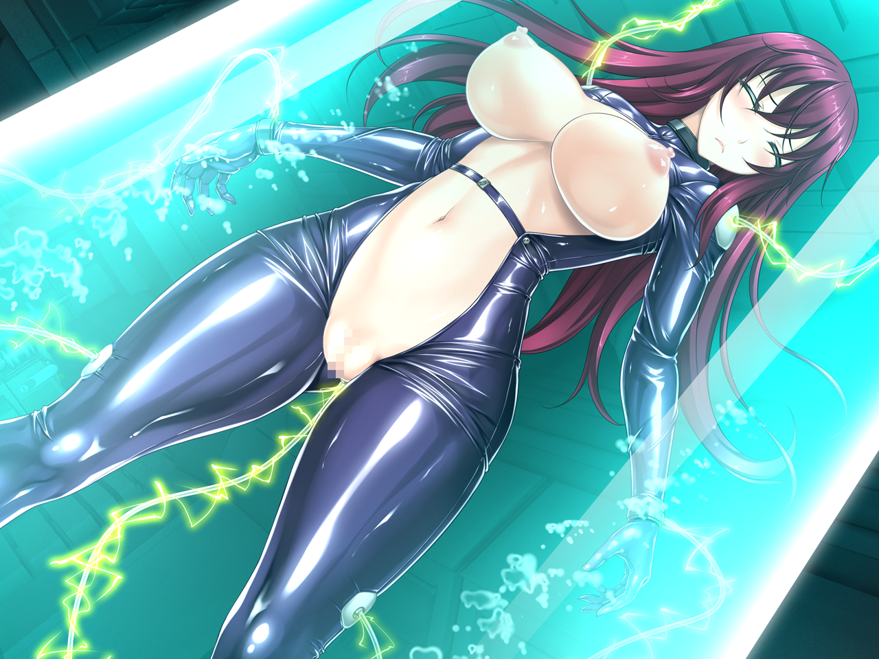 rindou (radical dream), game cg, large variant set, non-web source, official art, variant set, 1girl, bdsm, blush, bodysuit, bondage, bound, breasts, breasts out, censored, closed eyes, dutch angle, electricity, frontless outfit, green eyes, huge breasts, in container, latex, liese heldebrand, long hair, mosaic censoring, navel, nengoku no liese, nipples, open bodysuit, open clothes, purple hair, pussy, restrained, shiny clothes, skin tight, solo, stasis tank, tube, water tank