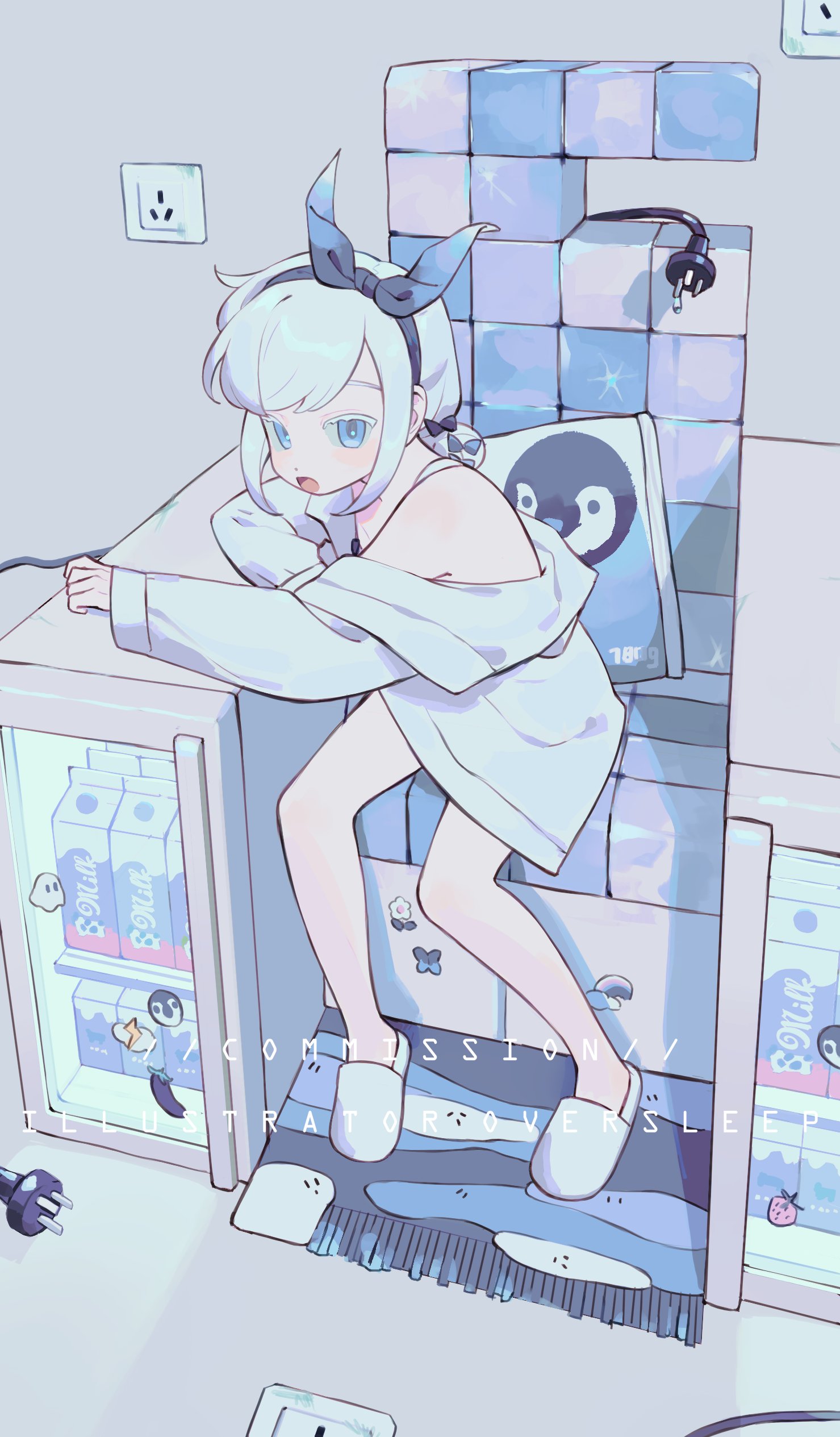 oversleep, original, absurdres, highres, 1girl, bare legs, bare shoulders, bird, blue bow, blue eyes, bow, chair, electric plug, electrical outlet, freezer, full body, hairband, jacket, long sleeves, looking at viewer, off shoulder, open mouth, penguin, phone, pillow, shirt, sitting, sleeves past wrists, slippers, solo, swept bangs, tiles, white hair, white jacket