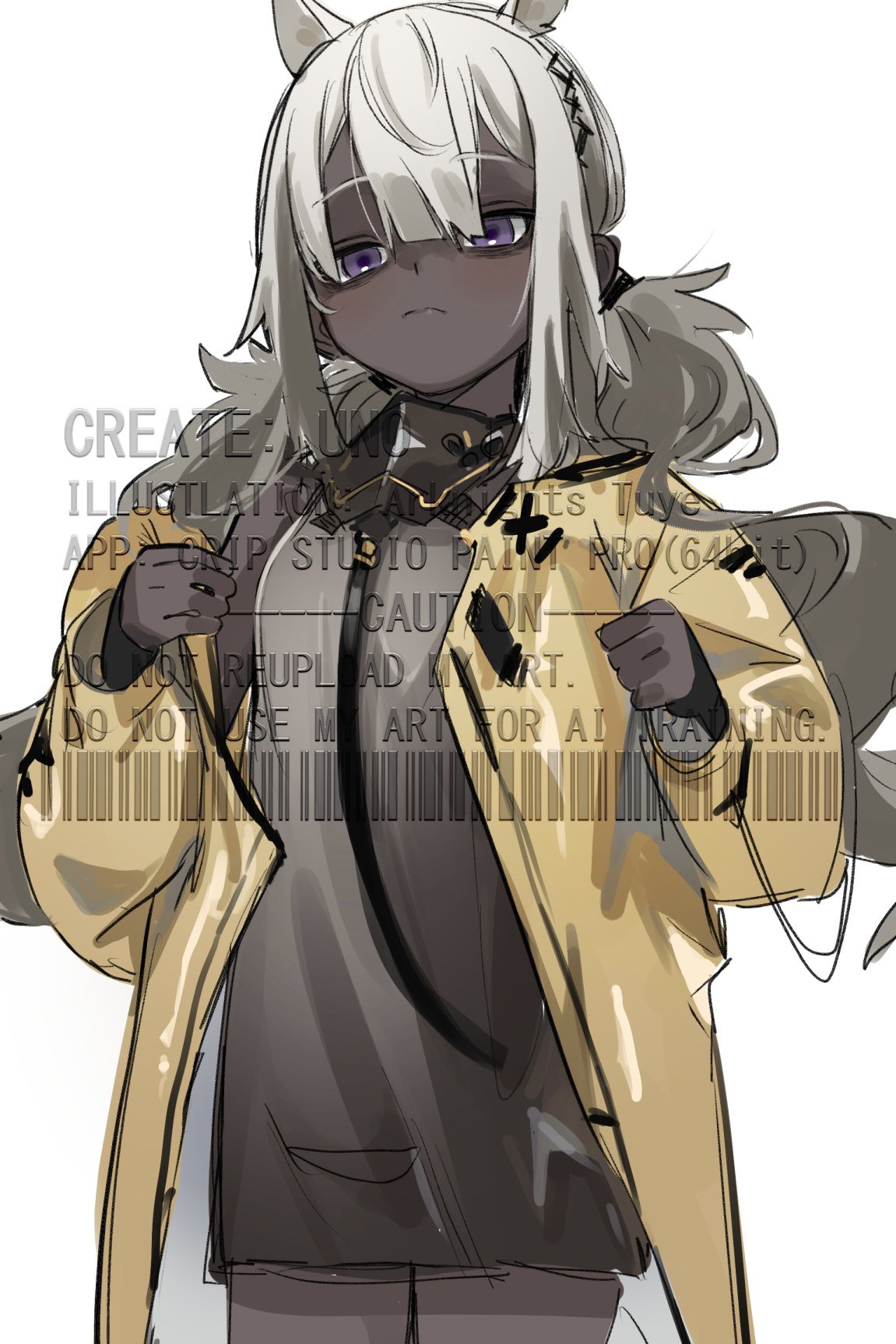 u no nijiart, tuye (arknights), arknights, commentary request, highres, 1girl, animal ears, artist name, barcode, black dress, camel ears, camel girl, coat, dark-skinned female, dark skin, dress, grey hair, hair between eyes, jacket, long hair, long sleeves, looking at viewer, mask, mask around neck, purple eyes, simple background, solo, very dark skin, white background, yellow coat, yellow jacket