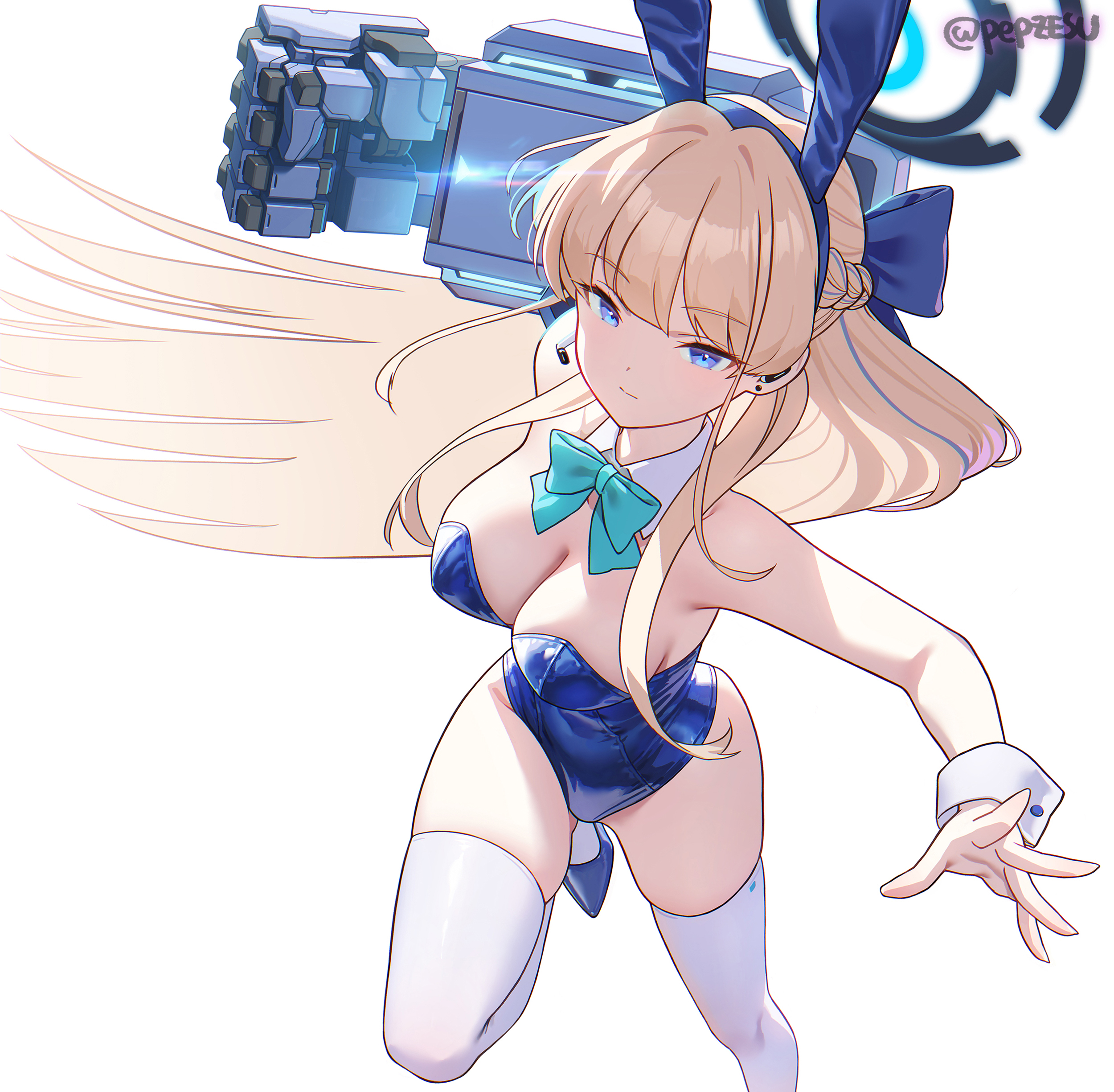 toki (blue archive), toki (bunny) (blue archive), blue archive, absurdres, commentary request, highres, 1girl, animal ear hairband, animal ears, aqua bow, aqua bowtie, artist name, bare shoulders, blonde hair, blue bow, blue eyes, blue halo, blue leotard, blue streaks, bow, bowtie, braid, breasts, cleavage, closed mouth, collarbone, detached collar, earpiece, fake animal ears, floating hair, hair bow, hairband, halo, hand up, high heels, incoming attack, incoming punch, lens flare, leotard, long hair, looking at viewer, medium breasts, multicolored hair, official alternate costume, pepzesu, power fist, punching, rabbit ears, simple background, solo, standing, standing on one leg, strapless, strapless leotard, streaked hair, thighhighs, thighs, very long hair, white background, white thighhighs, white wrist cuffs, wrist cuffs