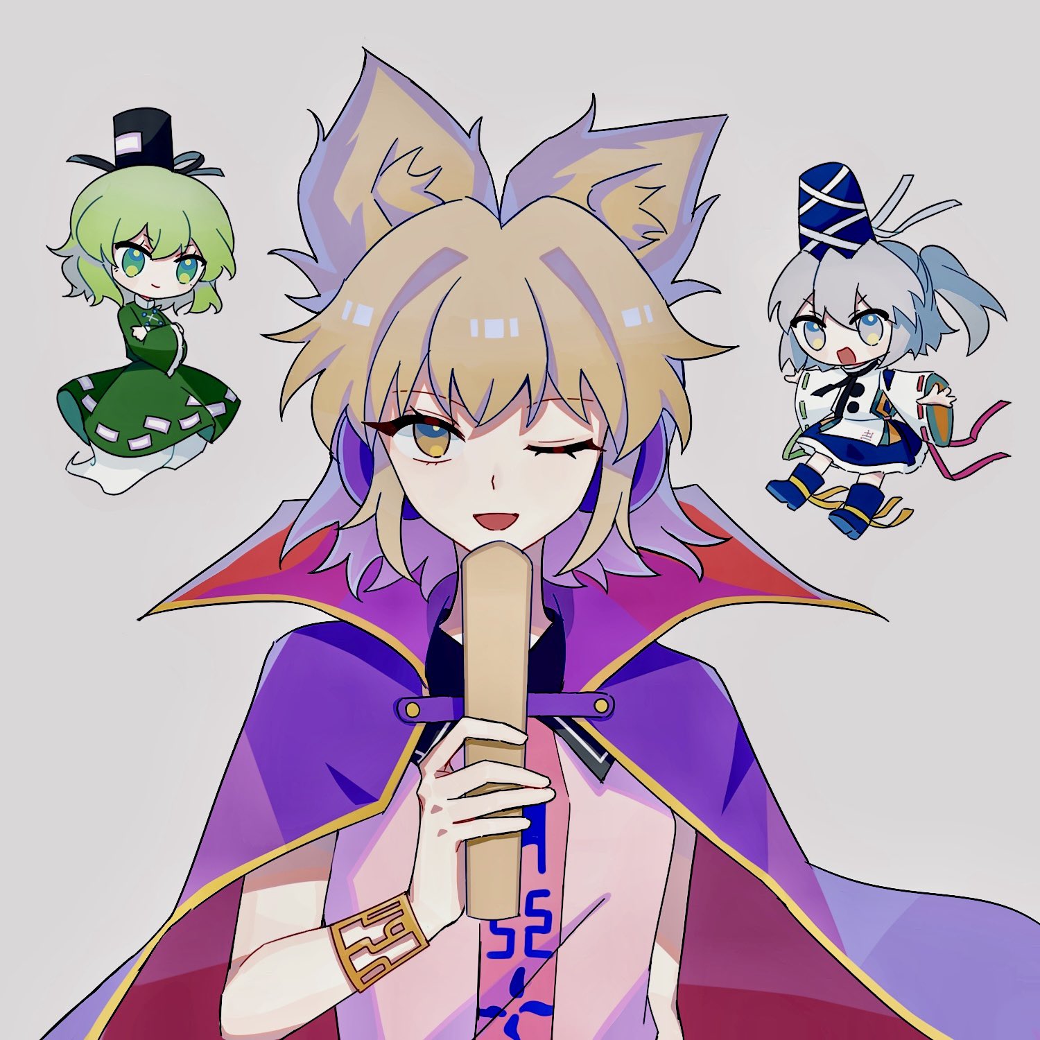 mononobe no futo, soga no tojiko, toyosatomimi no miko, touhou, highres, 3girls, ankle ribbon, black hat, black ribbon, blonde hair, blue boots, blue hat, blue skirt, boots, bracelet, cape, chibi, closed mouth, collared cape, collared dress, collared shirt, crossed arms, detached sleeves, dress, eyelashes, ghost tail, gold bracelet, green dress, green eyes, green hair, grey background, grey eyes, grey hair, hair between eyes, hair ears, hat, hat ribbon, headphones, high collar, holding, holding rod, japanese clothes, jewelry, juliet sleeves, kariginu, knee boots, leg ribbon, long hair, long sleeves, miniskirt, multiple girls, neck ribbon, object to mouth, ofuda, ofuda on clothes, one eye closed, open mouth, outstretched arms, pink shirt, pleated skirt, pom pom (clothes), ponytail, puffy sleeves, purple cape, red cape, ria bnb, ribbon, ribbon-trimmed sleeves, ribbon trim, rod, shirt, short hair, simple background, skirt, sleeveless, sleeveless shirt, sleeves past wrists, smile, tate eboshi, tsurime, two-sided cape, two-sided fabric, upper body, white ribbon, white sleeves, wide sleeves, yellow eyes, yellow ribbon