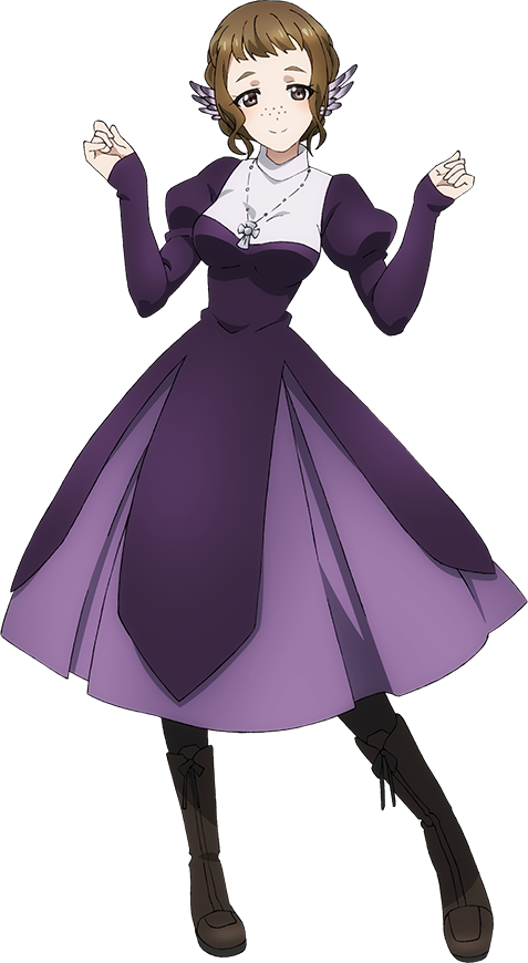 takemoto tatsuki, the new gate, official art, 1girl, anime coloring, black pantyhose, blush, boots, breasts, brown boots, brown eyes, brown hair, clenched hands, closed mouth, collared dress, dress, freckles, full body, hands up, jewelry, juliet sleeves, large breasts, long dress, long sleeves, looking at viewer, narrow waist, necklace, pantyhose, puffy long sleeves, puffy sleeves, rashia luzel, short hair, simple background, smile, solo, standing, tachi-e, tareme, transparent background, w arms