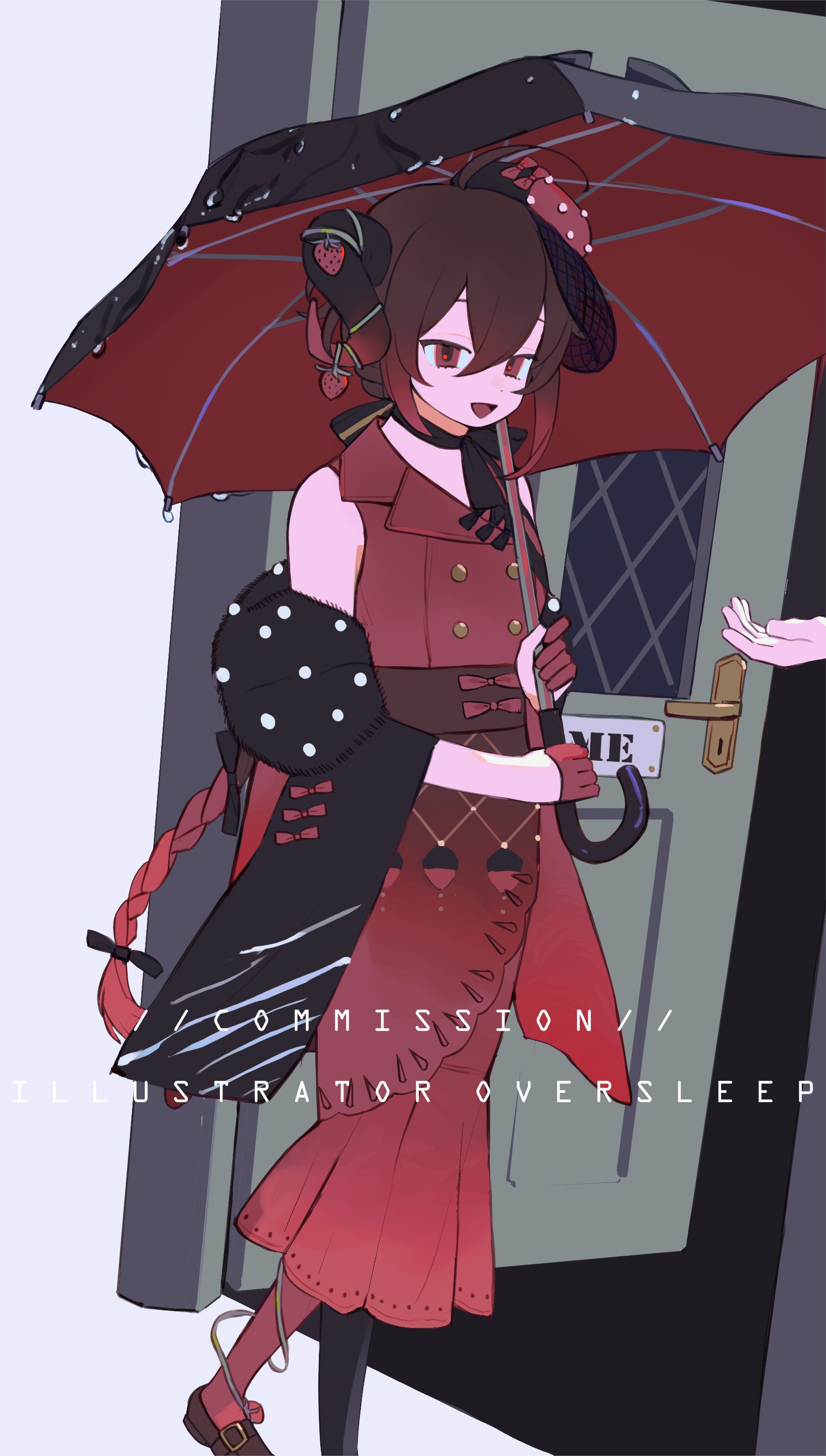 oversleep, original, absurdres, highres, 1girl, braid, brown hair, choker, demon horns, door, dress, fishtail dress, full body, gloves, gradient hair, hair between eyes, hair ornament, half gloves, hat, holding, holding umbrella, horns, long dress, mermaid dress, multicolored hair, open door, open mouth, red eyes, red gloves, red hair, red shoes, red skirt, red umbrella, shoes, short hair, skirt, sleeveless, sleeveless dress, smile, umbrella