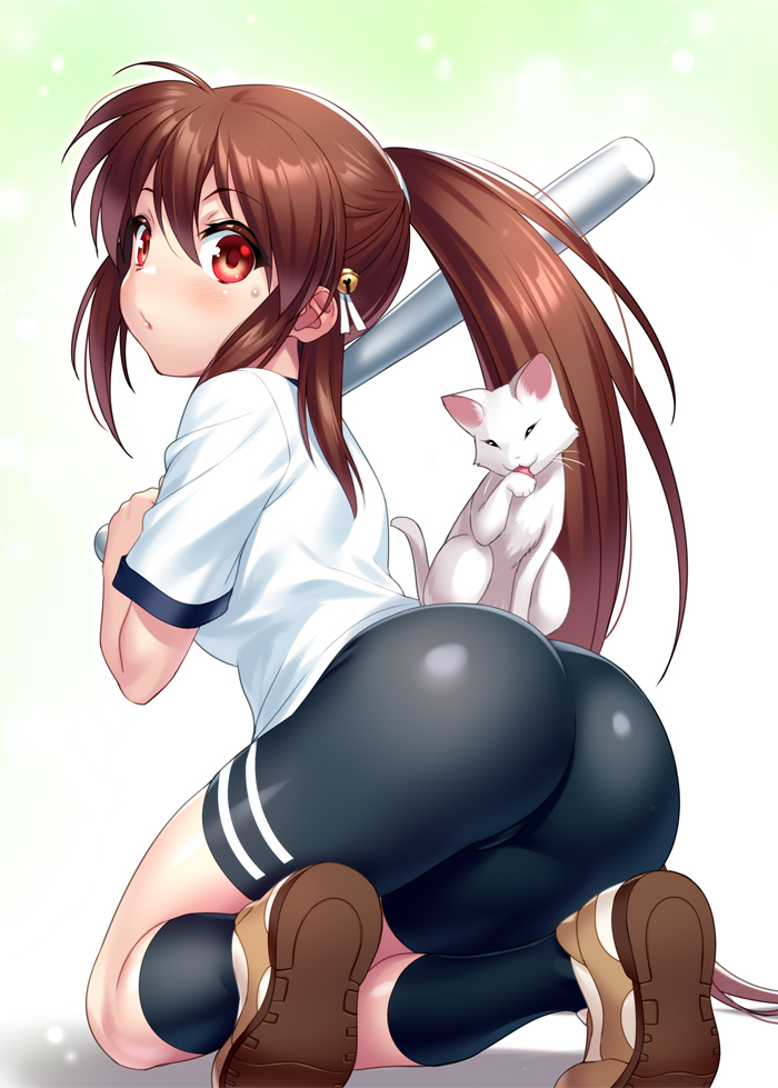 zen (kamuro), lennon, natsume rin, little busters!, 1girl, ass, baseball bat, bike shorts, brown hair, cat on person, from behind, gym uniform, long hair, looking at viewer, looking back, ponytail, red eyes, shirt, solo, t-shir, white shirt