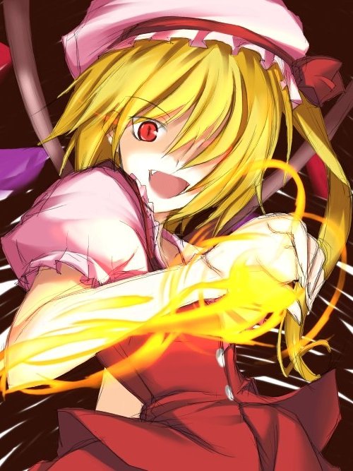 ribi, flandre scarlet, touhou, 1girl, black background, blonde hair, blouse, fang, female focus, hat, mob cap, red eyes, shirt, solo, white hat, white shirt