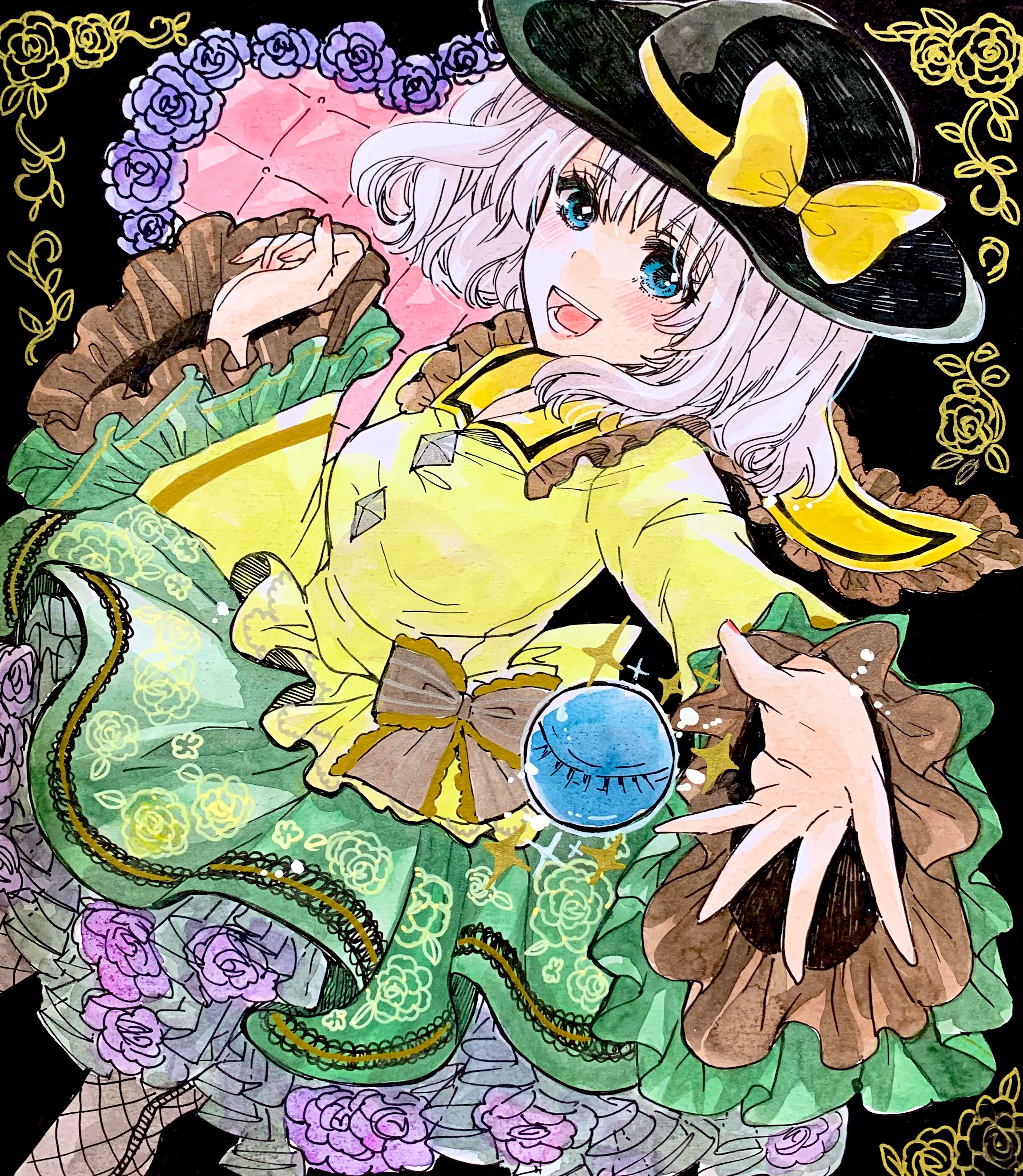 akaioringo2023, komeiji koishi, touhou, absurdres, highres, black background, black hat, blue eyes, bowler hat, floral border, green skirt, hat, hat ribbon, long sleeves, reaching, reaching towards viewer, ribbon, shirt, skirt, white hair, wide sleeves, yellow ribbon, yellow shirt