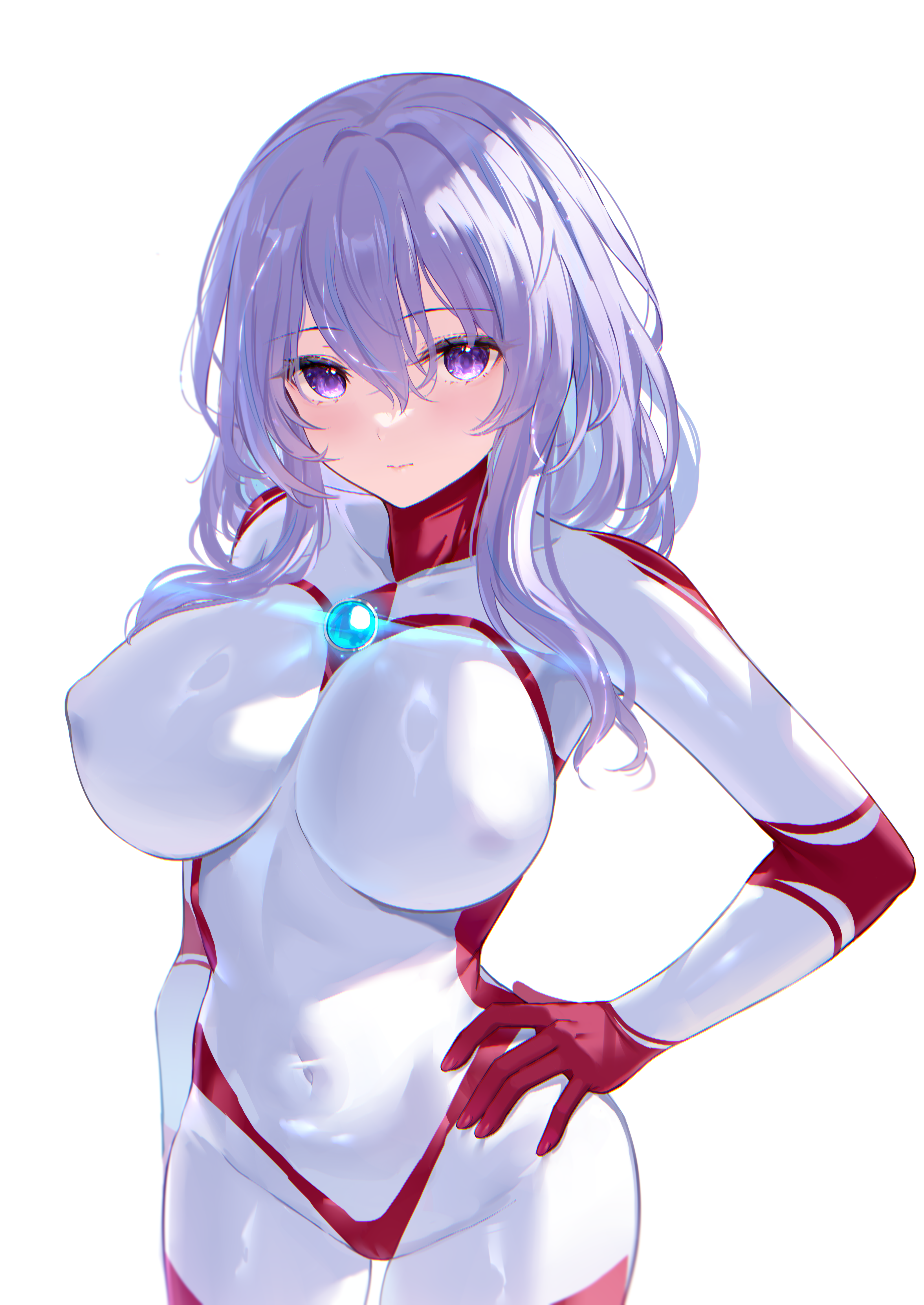 heiyan shenshi, original, absurdres, commentary request, highres, 1girl, bodysuit, breasts, gloves, large breasts, long hair, looking at viewer, purple hair, red gloves, simple background, solo, tokusatsu, white background, white bodysuit