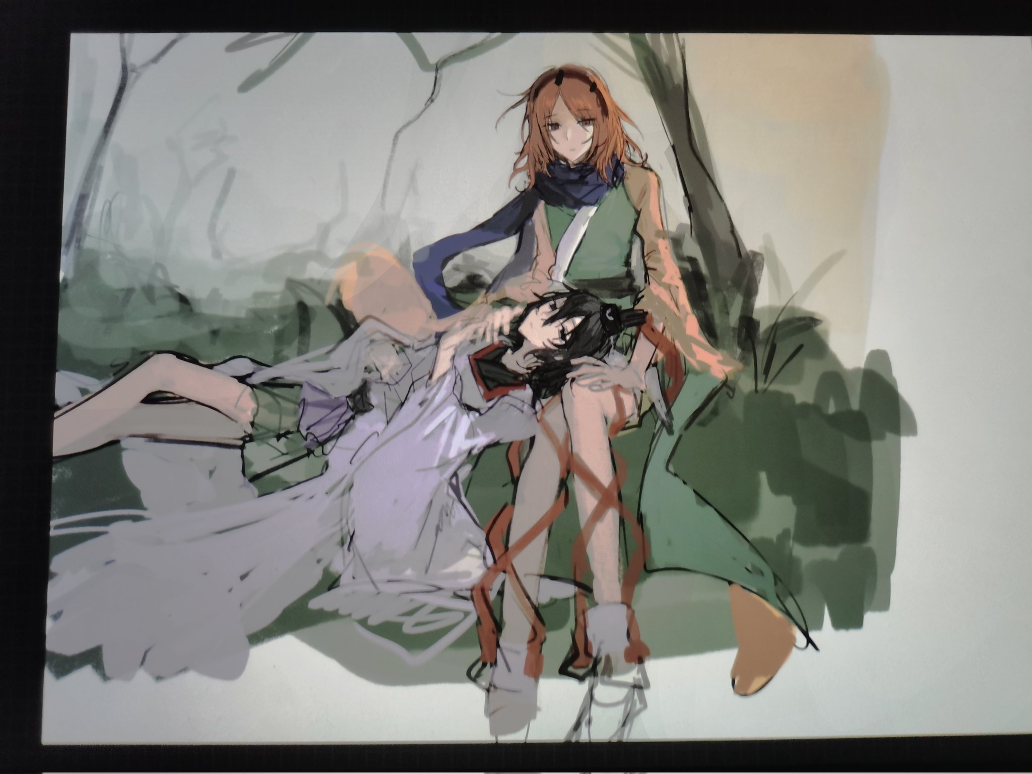 senri tsurubami, zuifeng tenkai, len'en, highres, procreate (medium), 2others, androgynous, art program in frame, bare legs, black eyes, black hair, black hairband, black hat, black kimono, boots, brown eyes, brown shorts, closed mouth, detached sleeves, eyes visible through hair, feet out of frame, full body, green hakama, green kimono, grey background, hair between eyes, hair rollers, hairband, hakama, hakama short skirt, hakama skirt, hand on own thigh, hat, hat ribbon, hill, japanese clothes, kariginu, kimono, lap pillow, leg ribbon, light frown, long sleeves, looking at viewer, lying, medium hair, multiple others, on back, on grass, orange hair, orange sleeves, other focus, other with male, procreate (software), purple scarf, red ribbon, reihi (w), ribbon, scarf, short kimono, shorts, sitting, sketch, skirt, socks, tate eboshi, tree, two-sided sleeves, white sleeves, white socks, wide sleeves