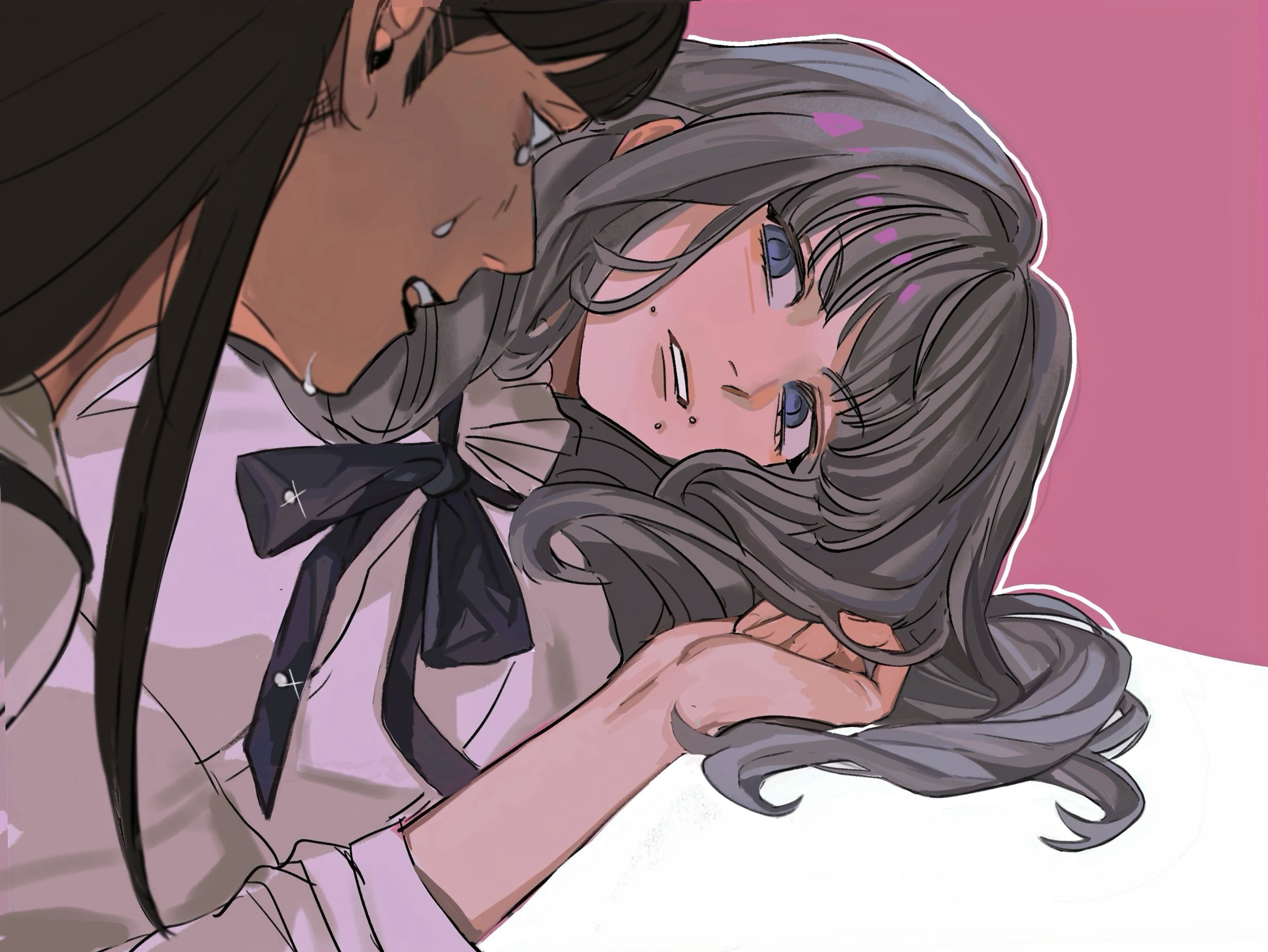 marina (fear & hunger), samarie (fear & hunger), fear & hunger (series), fear & hunger 2: termina, hashtag-only commentary, highres, 2girls, black hair, black leotard, black ribbon, brown hair, crying, face piercing, frilled shirt collar, frills, from side, leotard, long hair, looking at another, mayflyaa, mouth piercing, multiple girls, neck ribbon, open mouth, piercing, purple eyes, ribbon, shirt, tears, teeth, upper teeth only, white shirt