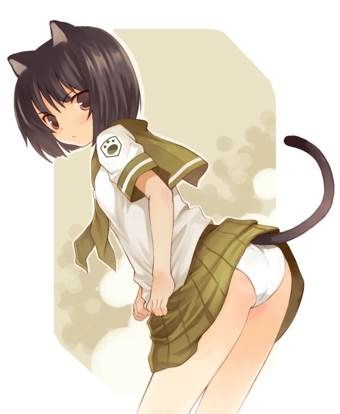 kurasuke, original, 1girl, animal ears, ass, black hair, brown eyes, brown hair, cat ears, cat tail, female focus, from behind, leaning forward, looking at viewer, looking back, panties, pantyshot, pleated skirt, red eyes, school uniform, serafuku, short hair, skirt, solo, tail, underwear, upskirt, white panties