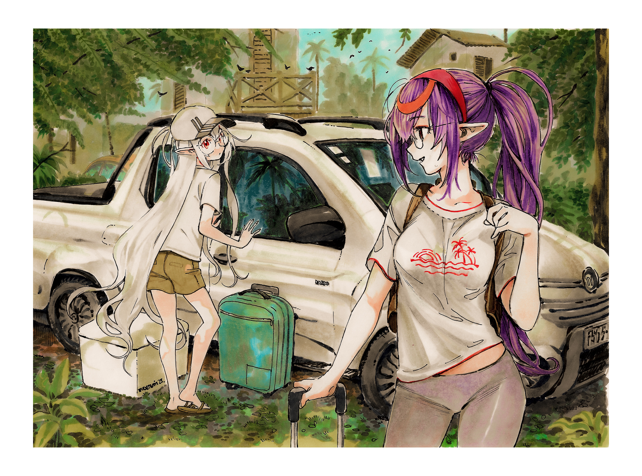 eudetenis, original, commentary, english commentary, highres, marker (medium), traditional media, 2girls, baseball cap, border, brown shorts, car, closed mouth, collarbone, day, expressionless, glasses, grey car, grey hair, grey hat, grey pants, grey shirt, hairband, hat, long hair, looking at another, looking to the side, motor vehicle, multiple girls, outdoors, pants, pointy ears, ponytail, print shirt, purple hair, red eyes, red hairband, round eyewear, sandals, shirt, short shorts, short sleeves, shorts, sidelocks, simple bird, slice of life, standing, straight hair, suitcase, t-shirt, truck, turning head, very long hair, white border