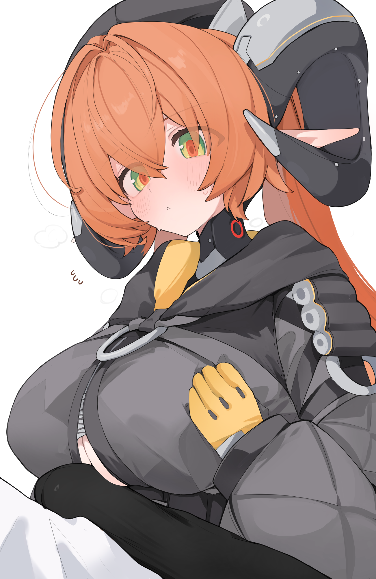 mikozin, orphie magnusson, zenless zone zero, character request, commentary request, copyright request, highres, 1boy, 1girl, breasts, bulge, closed mouth, gloves, green eyes, hetero, horns, orange hair, white background, yellow gloves