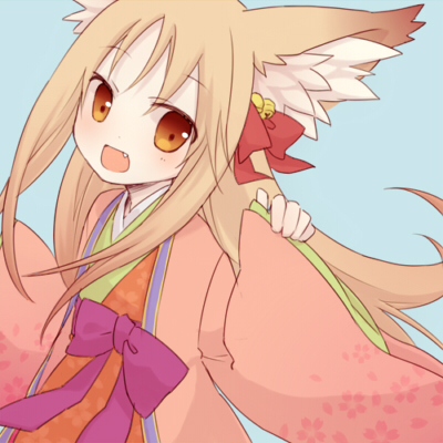 yellow (artist), loki alma, emil chronicle online, lowres, 1girl, animal ears, bell, blonde hair, blue background, breasts, fang, fox ears, fox girl, from side, hair bell, hair ornament, hair ribbon, japanese clothes, kimono, long hair, open mouth, pink kimono, purple sash, red ribbon, ribbon, sash, small breasts, solo, yellow eyes