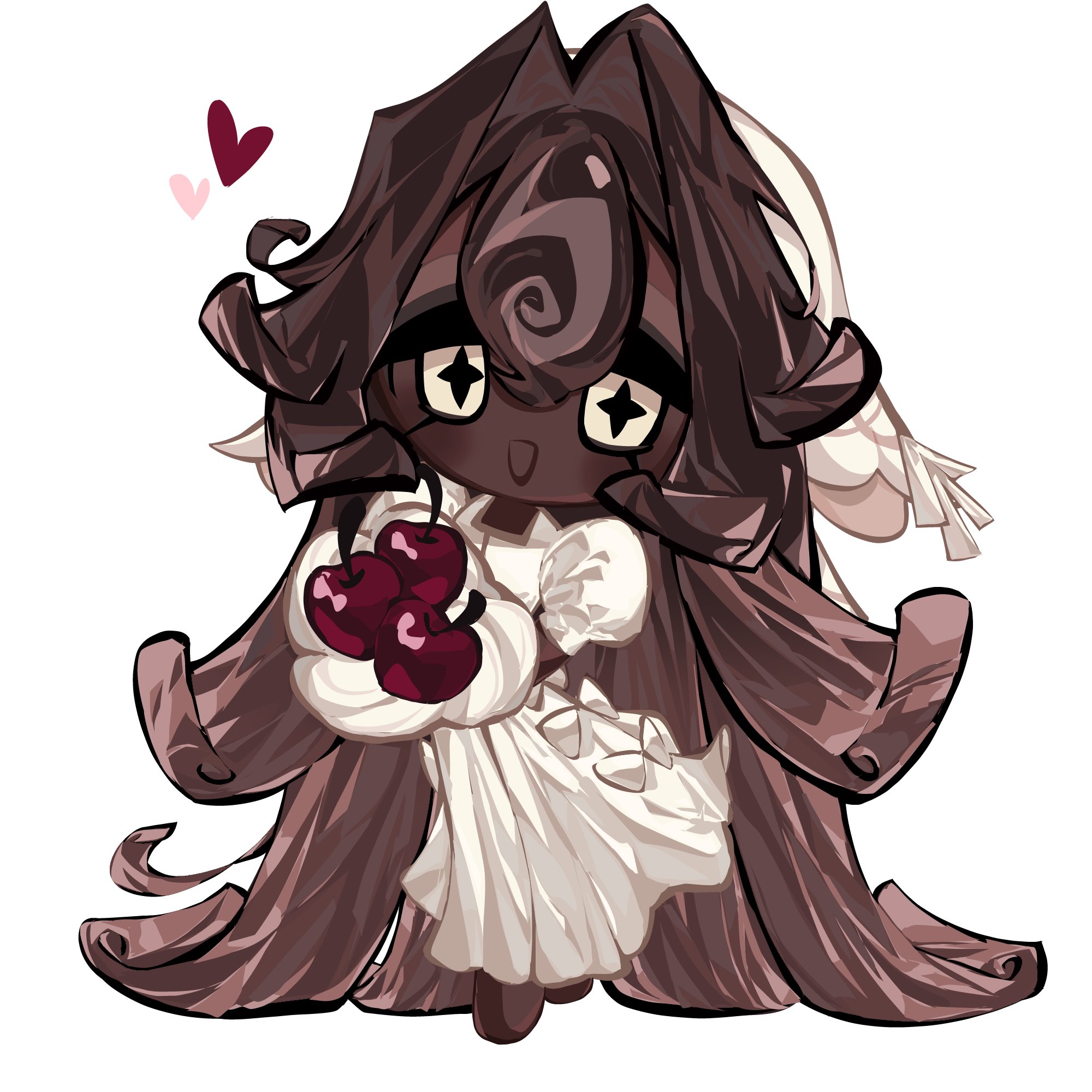 rrcemo, black forest cookie, cookie run, cookie run: kingdom, commentary, english commentary, highres, 1girl, :d, bouquet, brown hair, cherry, cross-shaped pupils, dress, flower, food, fruit, hair intakes, heart, holding, holding bouquet, long hair, looking at viewer, open mouth, puffy short sleeves, puffy sleeves, short sleeves, simple background, smile, solo, symbol-shaped pupils, very long hair, white background, white dress, white eyes