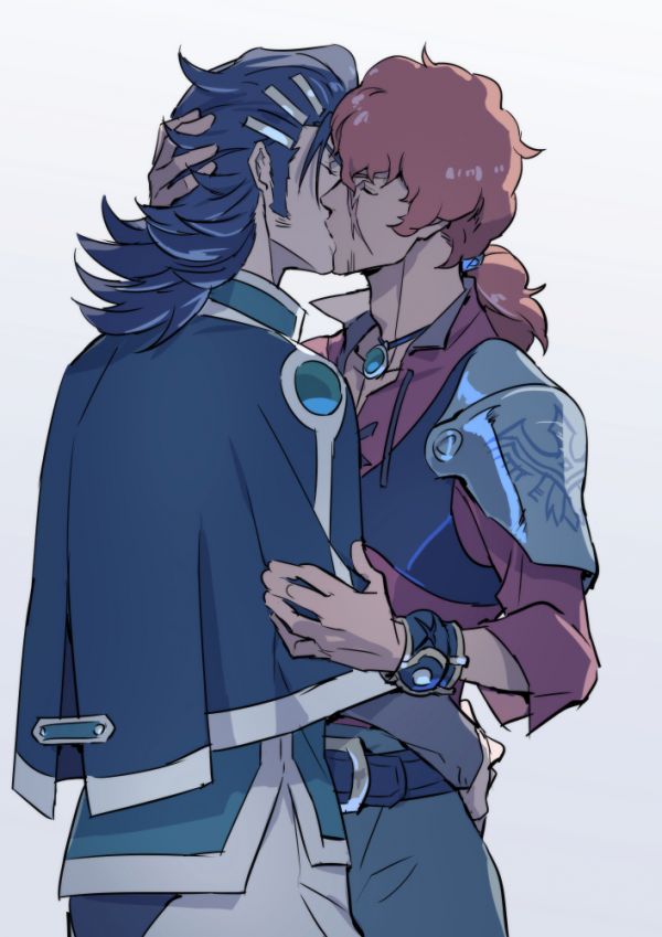 dasshu (dashi now), favaro leone, kaisar lidfald, shingeki no bahamut: genesis, 2boys, adam's apple, armor, belt, black belt, bracelet, capelet, closed eyes, grey pants, hair between eyes, hand on another's head, jewelry, kiss, long hair, male focus, multiple boys, pants, ponytail, scar, scar on face, simple background, white background
