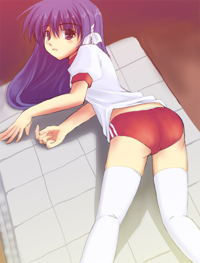 amari yuki, fujibayashi kyou, clannad, bad id, bad pixiv id, 00s, all fours, buruma, double vertical stripe, gym uniform, long hair, lying, purple hair, solo, thighhighs