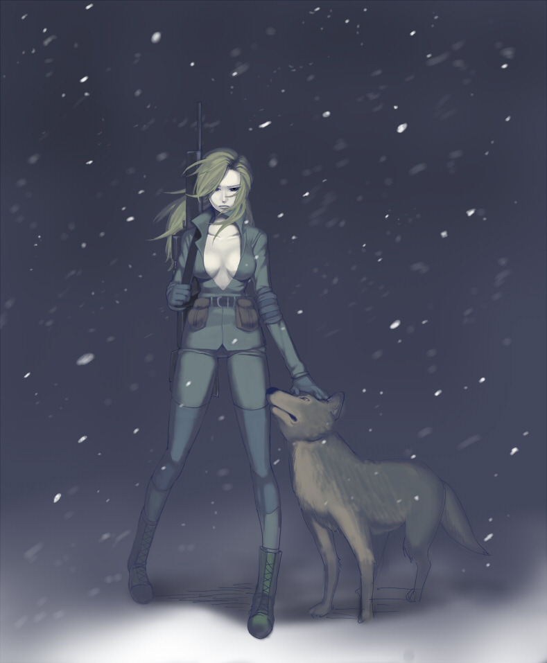 suko mugi, sniper wolf, metal gear (series), metal gear solid, 1girl, animal, blonde hair, breasts, female focus, female soldier, gun, large breasts, long hair, military, narrow waist, no bra, open clothes, open shirt, rifle, shirt, sniper rifle, snow, soldier, solo, weapon, wolf